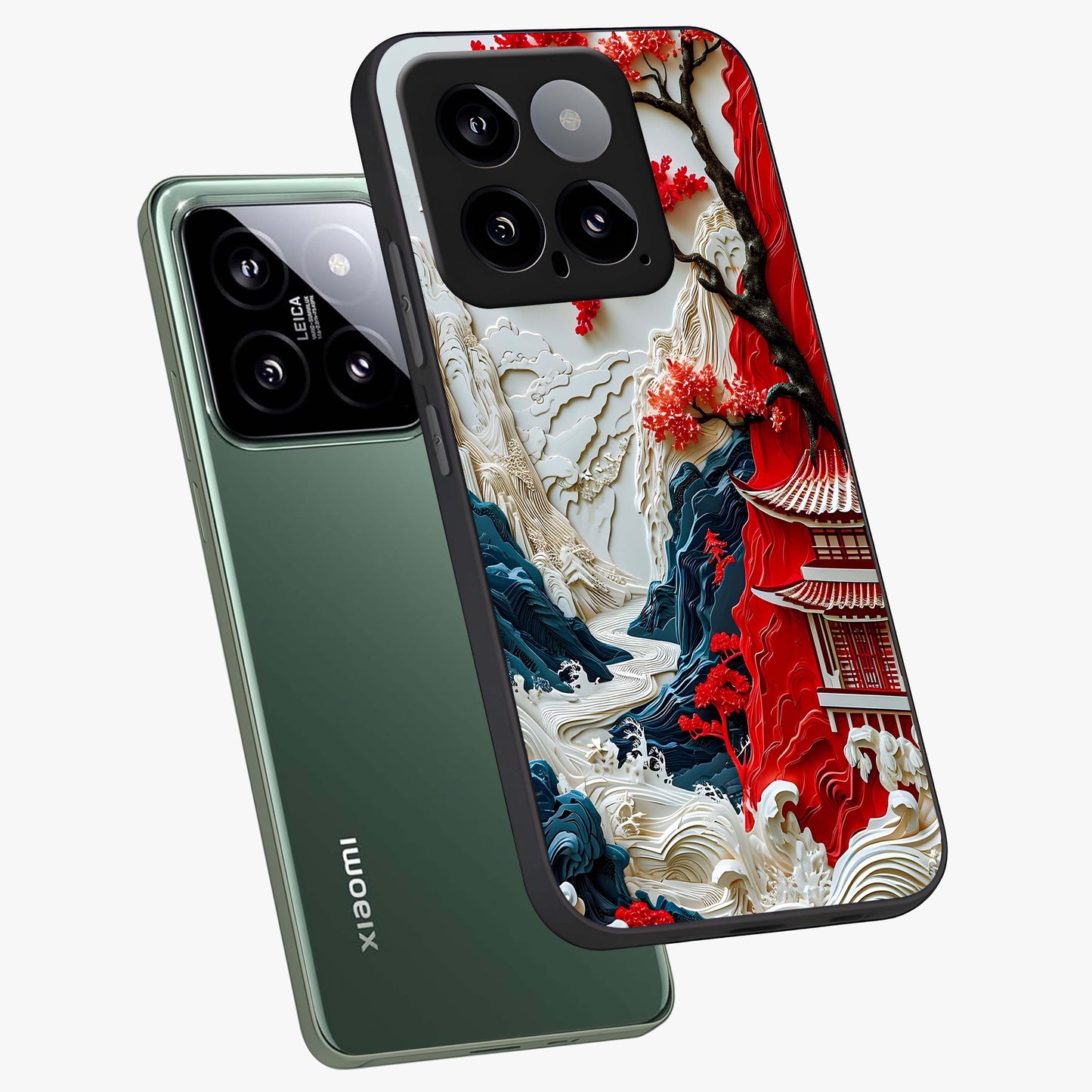 Whispers Of Sakura Waves Glass Case displayed in angled mockup highlighting flowing sakura design with soft floral aesthetic.
