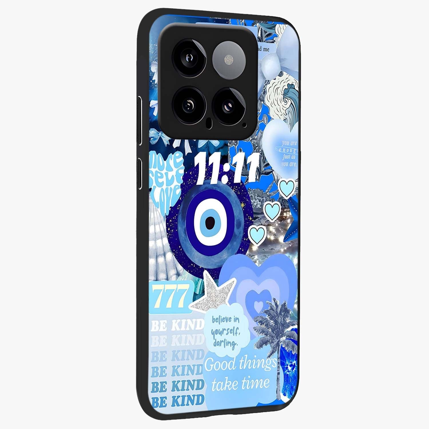 Aesthetic Be Kind Eye Glass Case upright view showcasing stylish eye illustration with positive message theme.