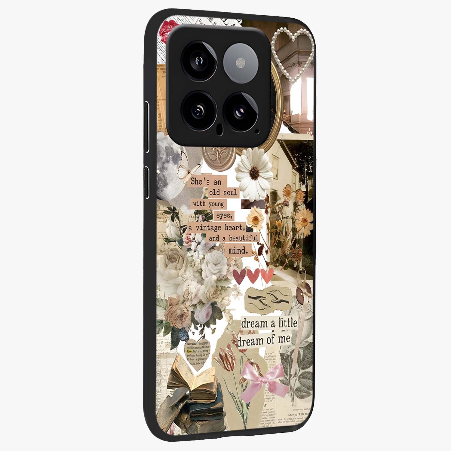 Aesthetic Brown Vintage Collage Glass Case upright view showcasing nostalgic retro artwork with stylish vintage theme.