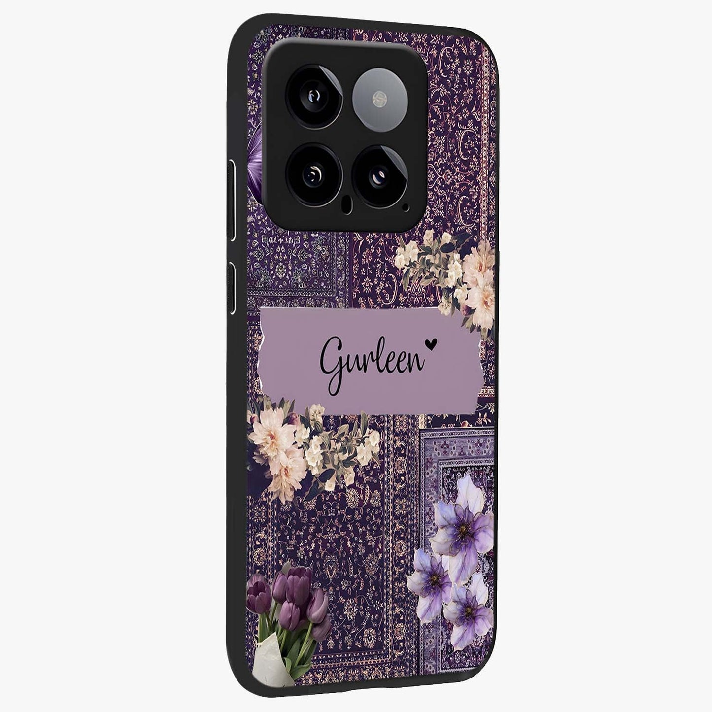Antique Floral Whisper Custom Name Glass Case upright view showcasing delicate floral artwork with custom name feature.
