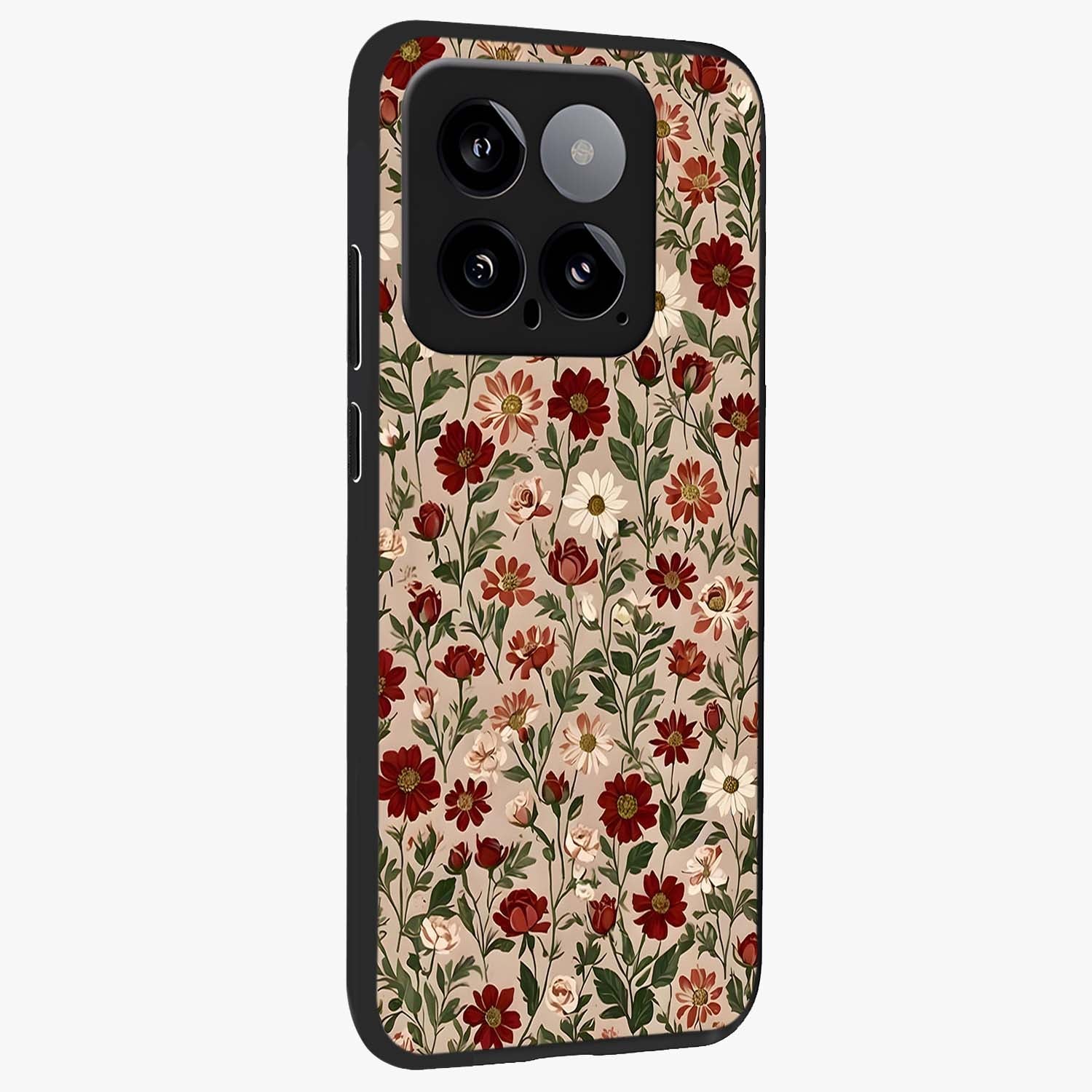 Biege Flower With Leaf Glass Case upright view showcasing delicate beige flower illustration with clean botanical style.