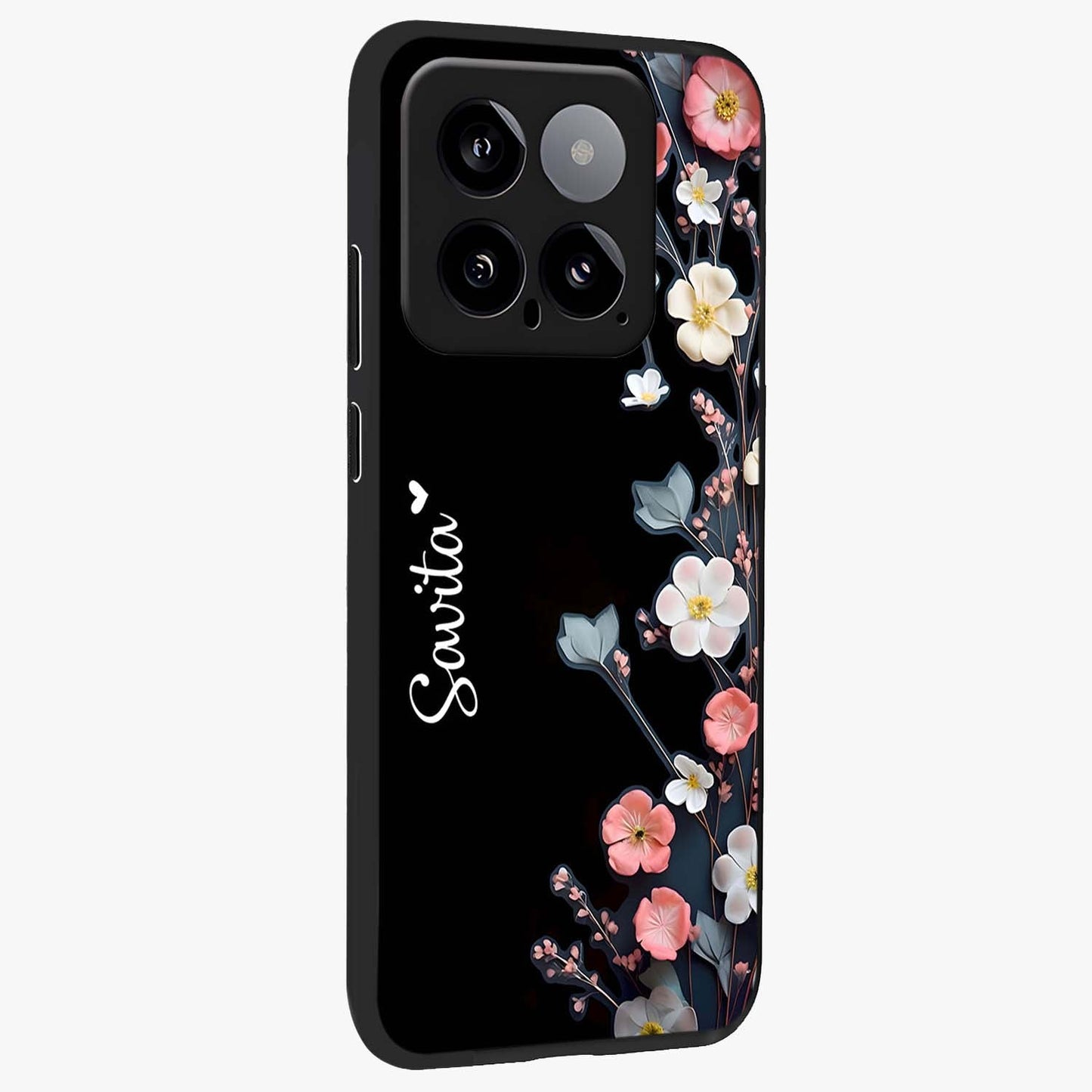 Black Elegance Floral Custom Name Glass Case upright view showcasing luxurious black floral design with personalized name detail.