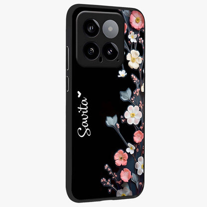 Black Elegance Floral Custom Name Glass Case upright view showcasing luxurious black floral design with personalized name detail.