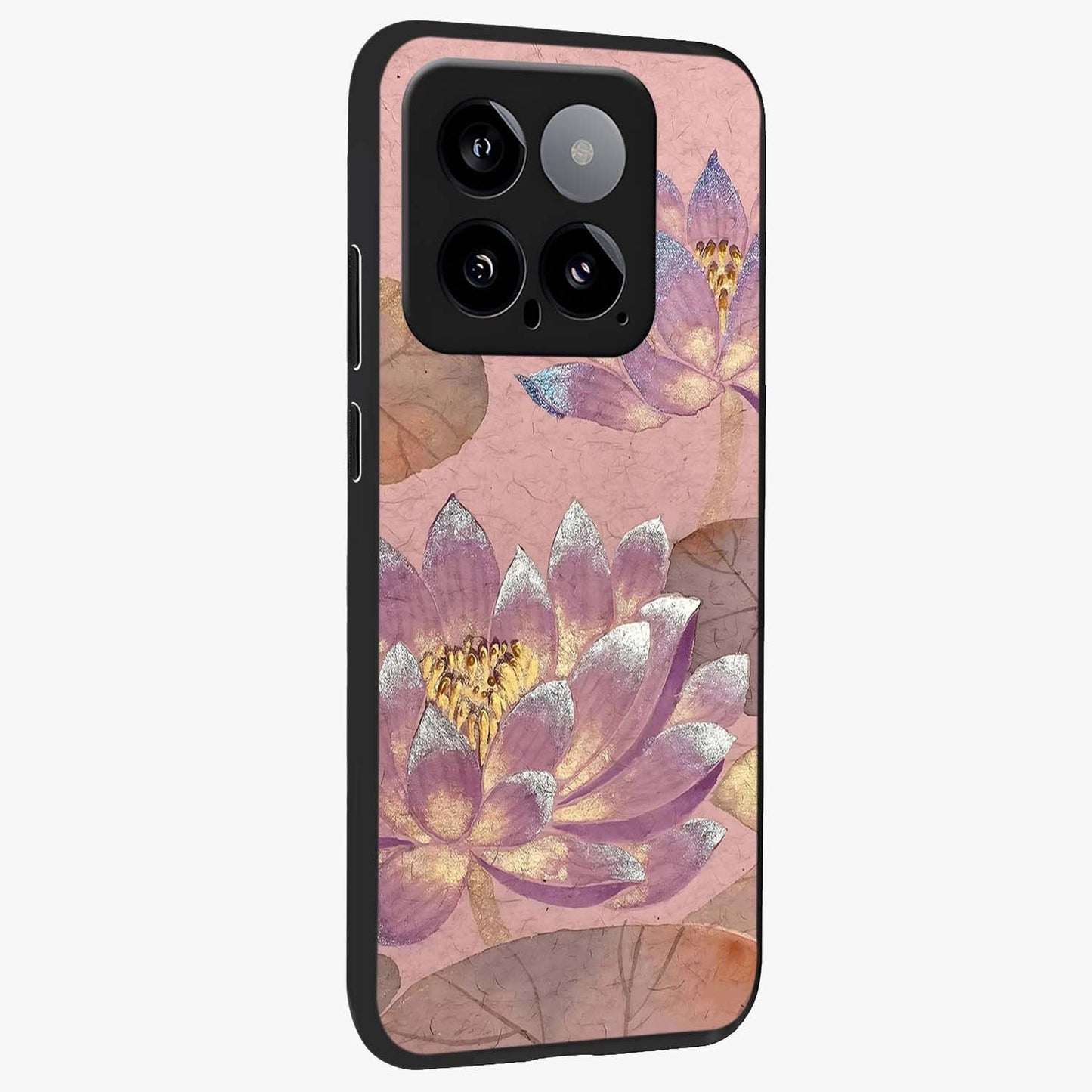 Blossom Mist Lotus Glass Case upright view showcasing graceful lotus flower design with peaceful botanical style.