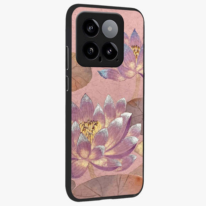 Blossom Mist Lotus Glass Case upright view showcasing graceful lotus flower design with peaceful botanical style.