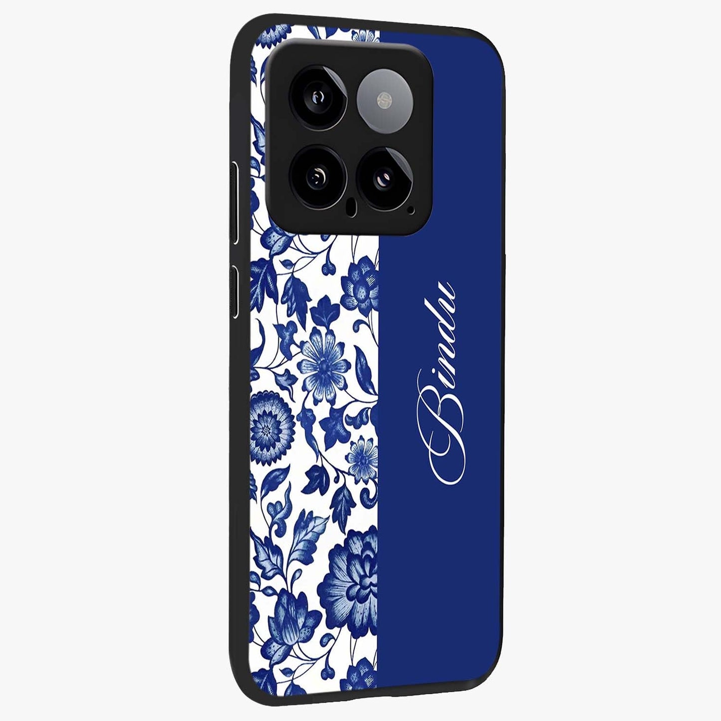 Blue Vintage Floral Pattern Glass Case upright view showcasing delicate blush floral texture with modern minimal style.
