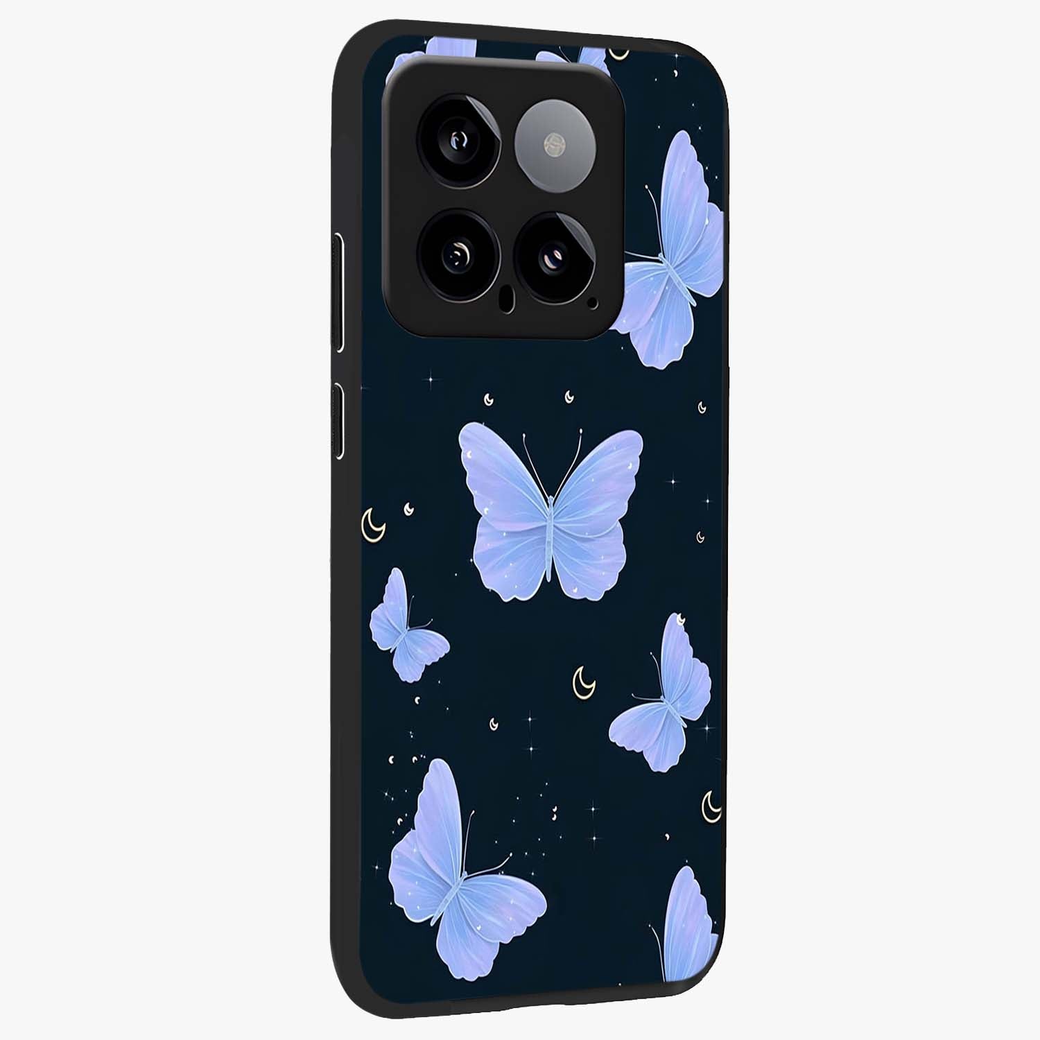 Butterfly With Stars Pattern Glass Case upright view showcasing celestial butterfly artwork with sparkling star elements.