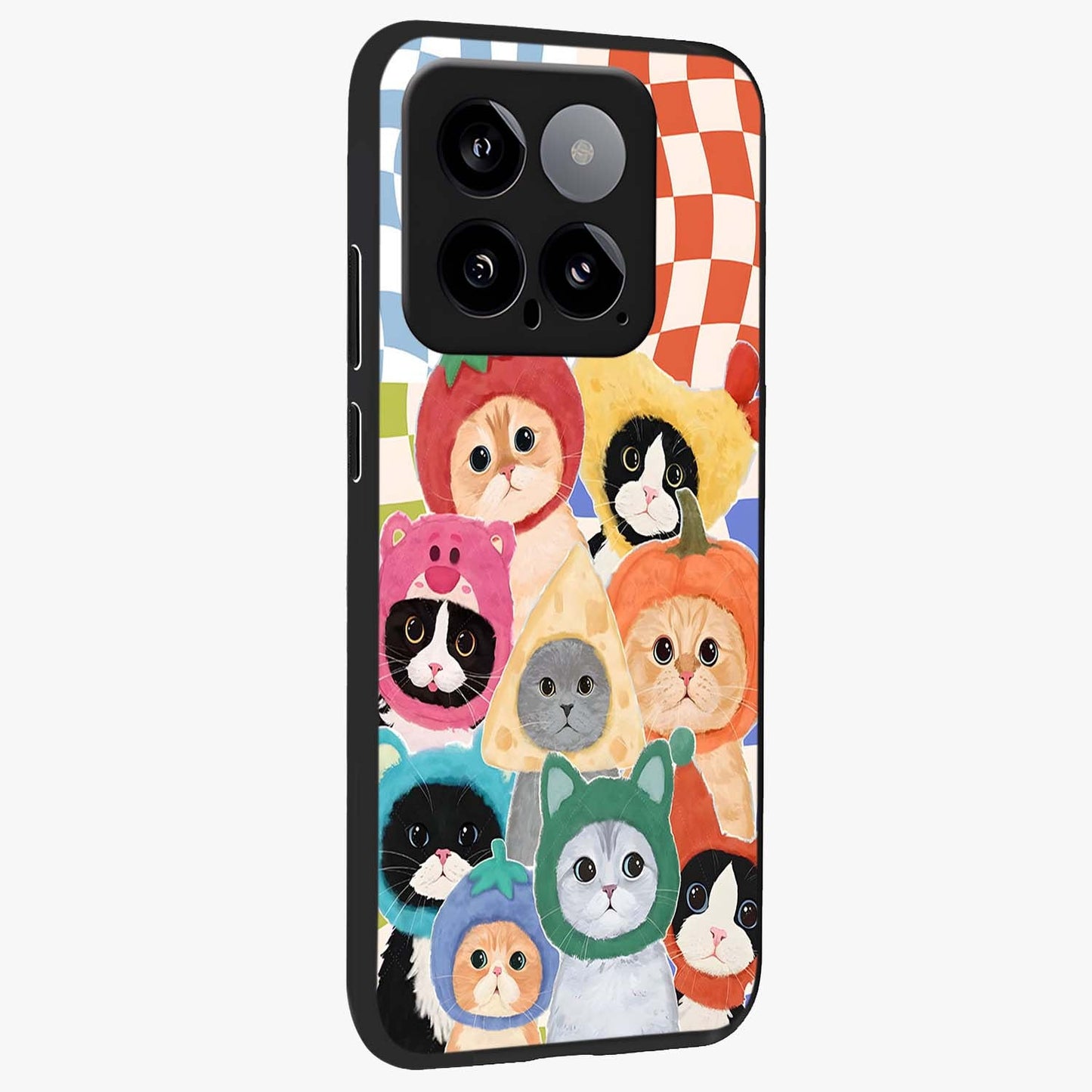 Cats in Fruits Glass Case upright view showcasing charming cat artwork with fun fruity theme.