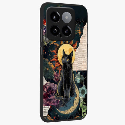 Celestial Black Cat Glass Case upright view showcasing magical black cat illustration with starry cosmic theme.