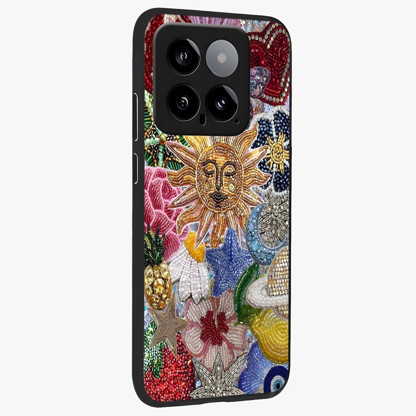 Celestial Floral and Playful Glass Case upright view showcasing whimsical floral artwork with cosmic aesthetic theme.