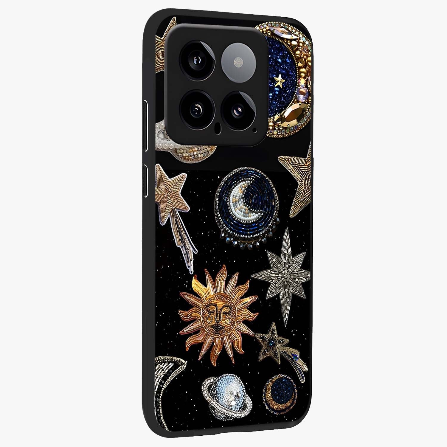 Celestial Gem Constellations Glass Case upright view showcasing cosmic constellation artwork with celestial aesthetic style.