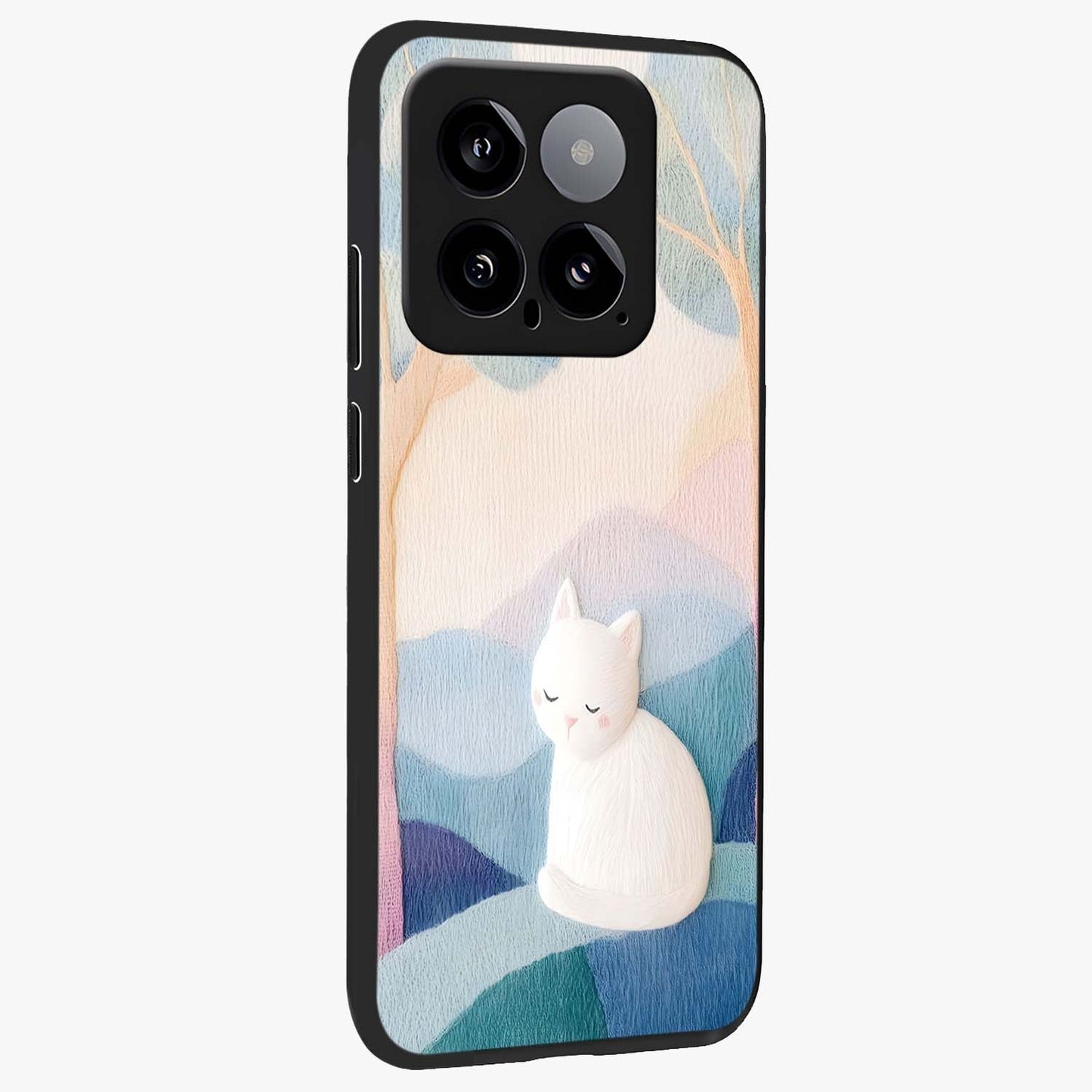 Cotton Dream Cat Glass Case upright view showcasing charming cat artwork with cozy dreamy theme.