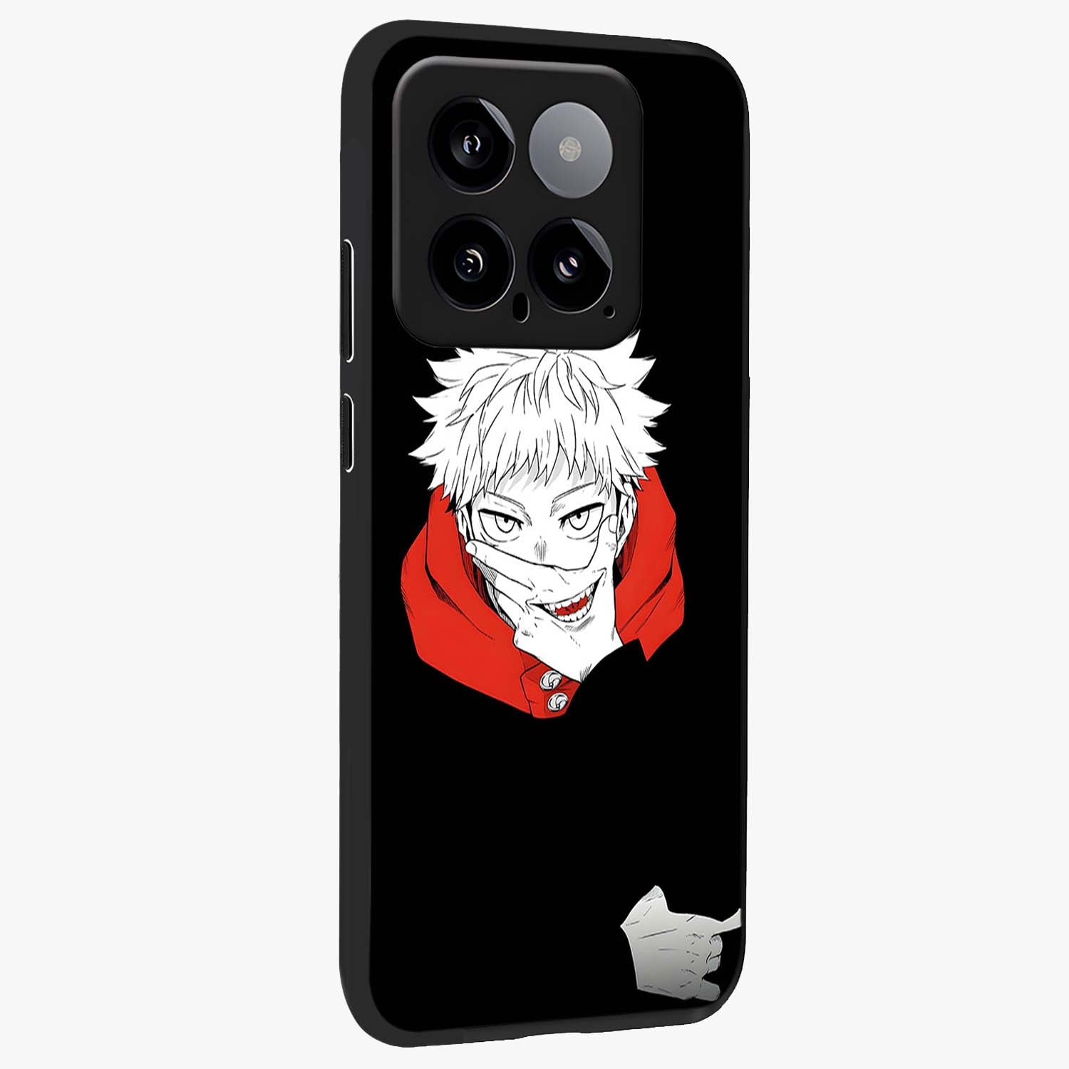 Crimson Chaos Smile Glass Case upright view showcasing expressive chaotic artwork with striking visual theme.
