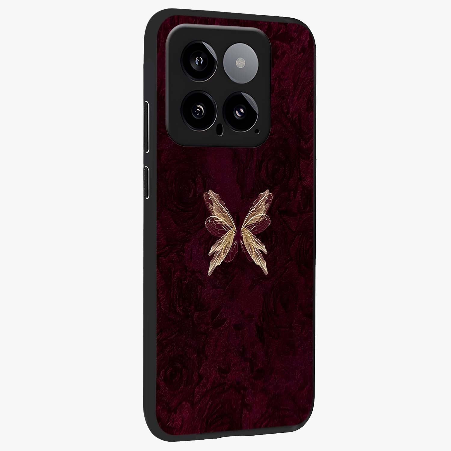Crimson Fade Butterfly Glass Case upright view showcasing graceful butterfly artwork with soft crimson fade effect.