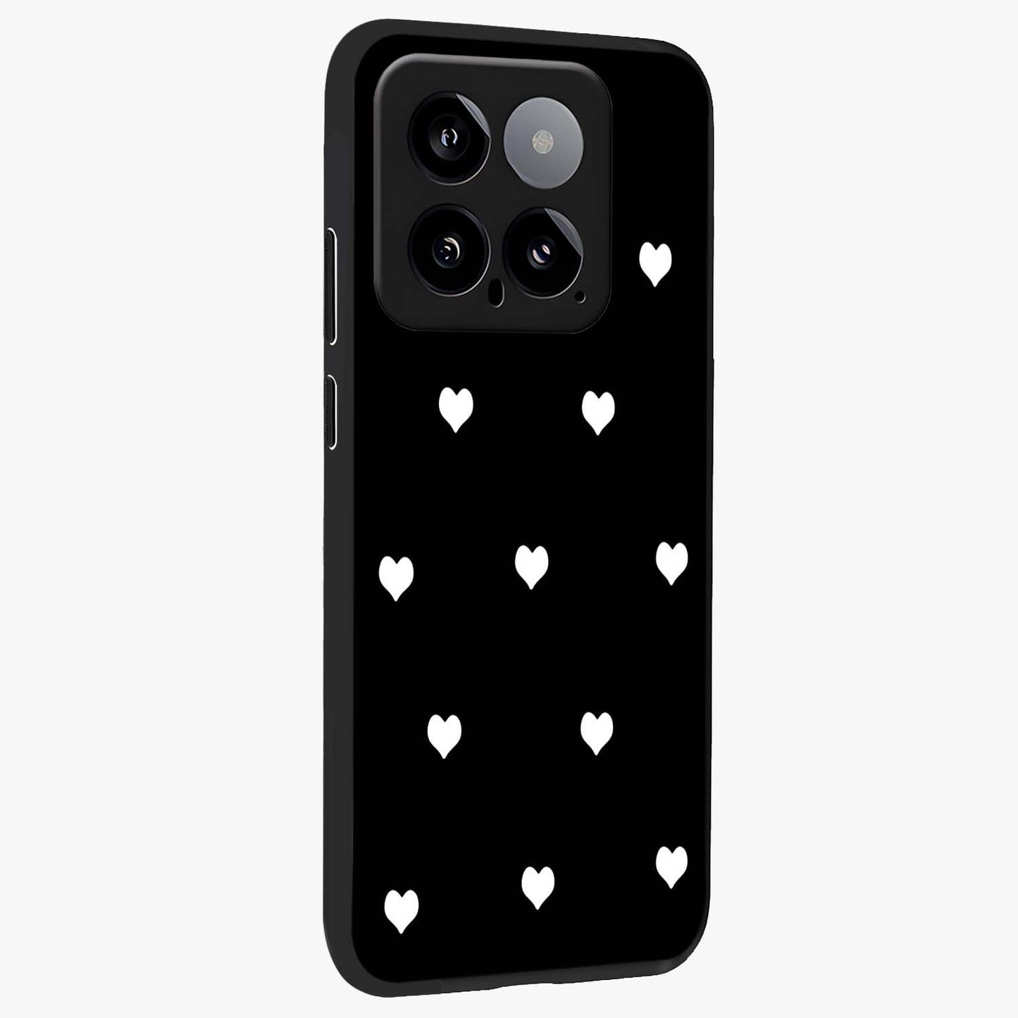 Cute And Simple White Hearts Glass Case upright view showcasing simple white hearts artwork with soft minimal theme.