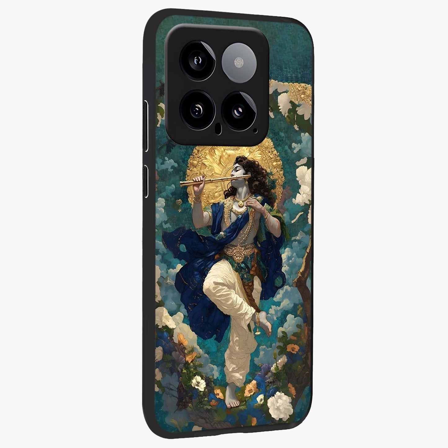 Divine Krishna Art Glass Case upright view showcasing divine Krishna artwork with sacred artistic theme.