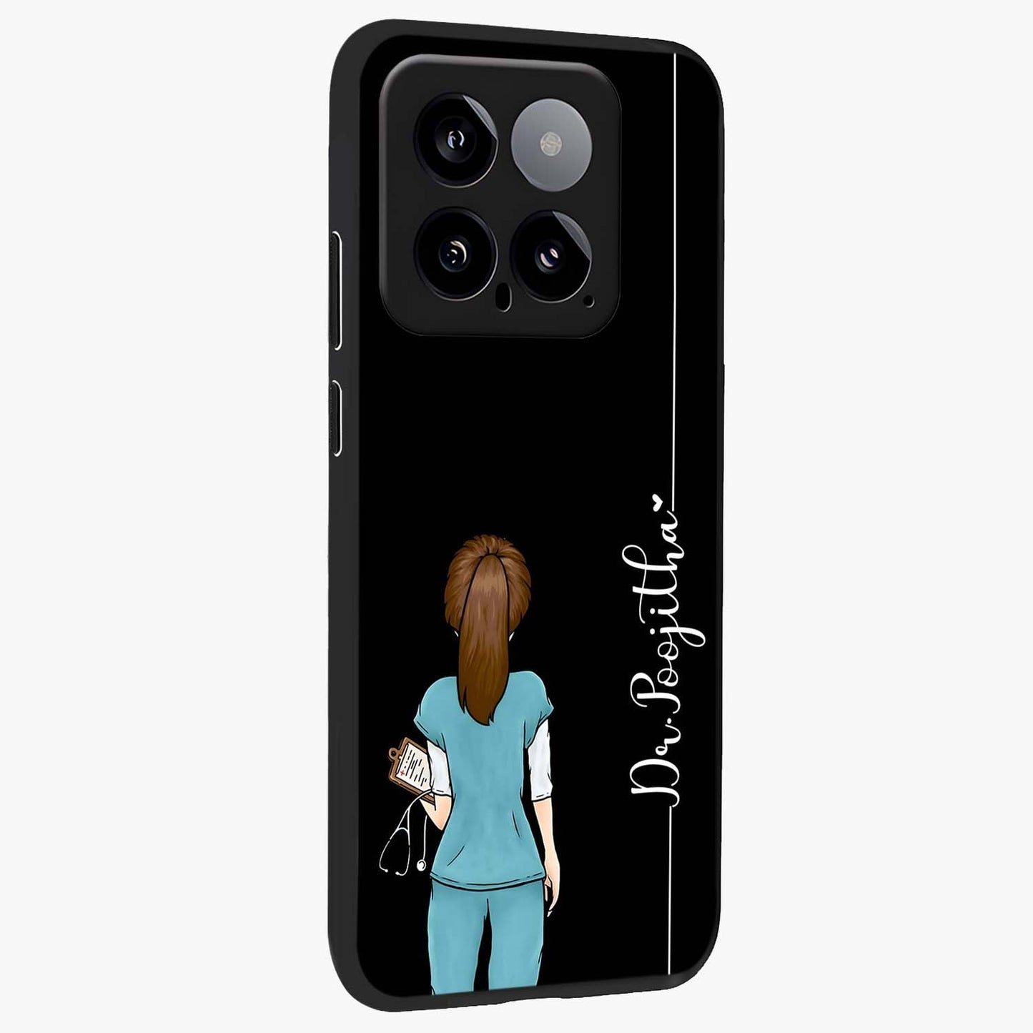 Doctor Pattern Custom Name Glass Case upright view showcasing healthcare themed design with personalized aesthetic.