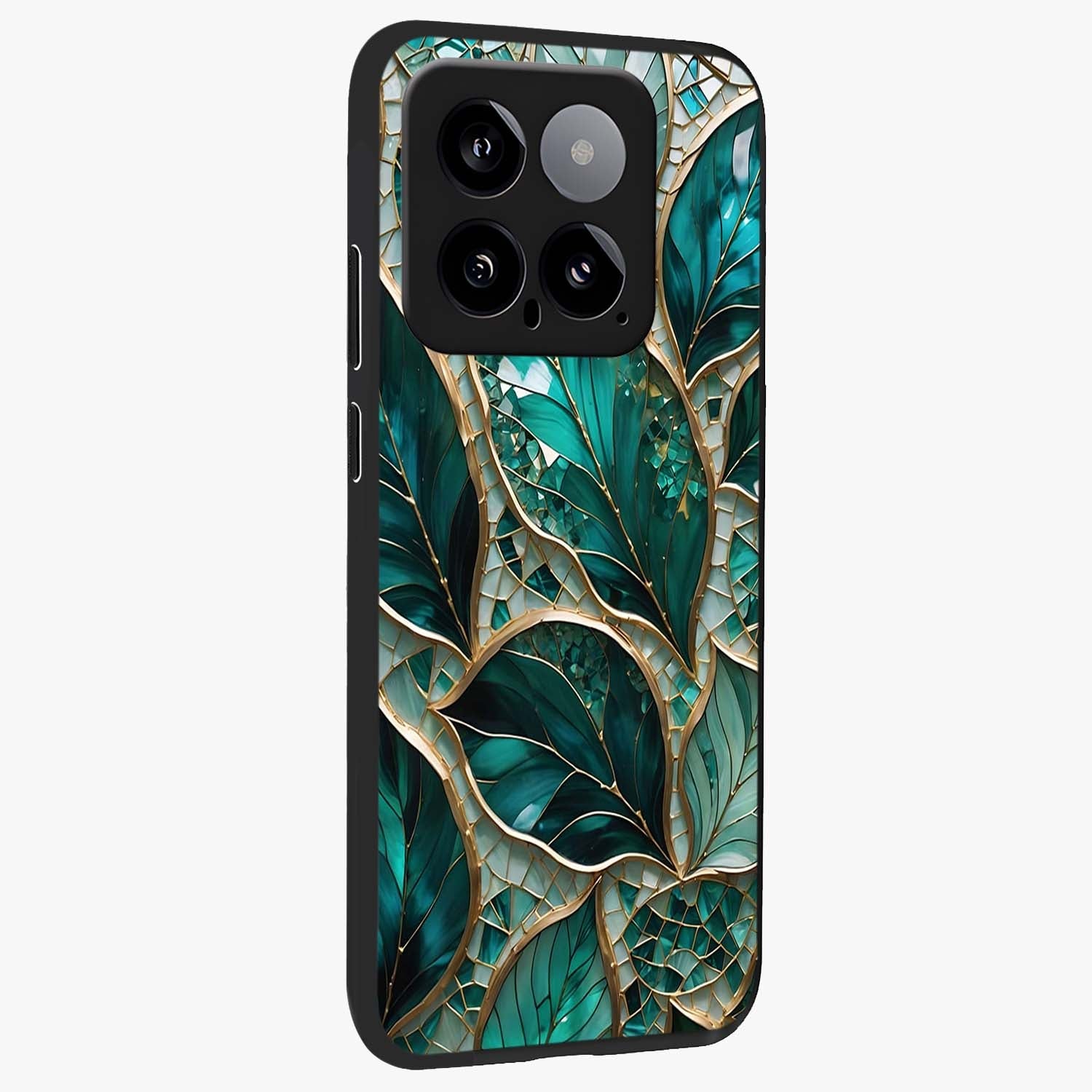 Emerald Leaf Glass Glass Case upright view showcasing fresh green leaf artwork with calming nature inspired style.