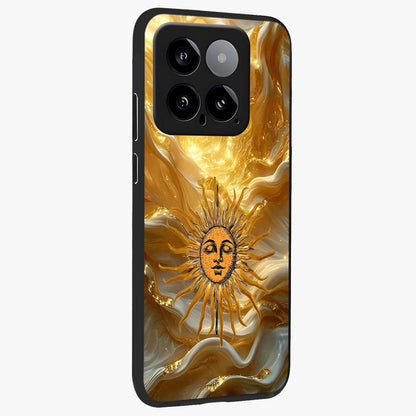 Eternal Golden Glow Glass Case upright view showcasing luminous golden artwork with luxurious visual theme.