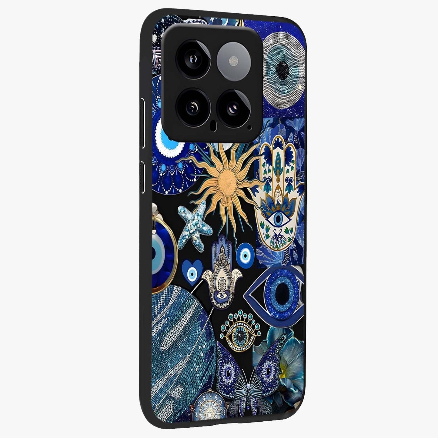 Evil Eye Charm Mix Glass Case upright view showcasing mystical evil eye pattern with vibrant decorative style.