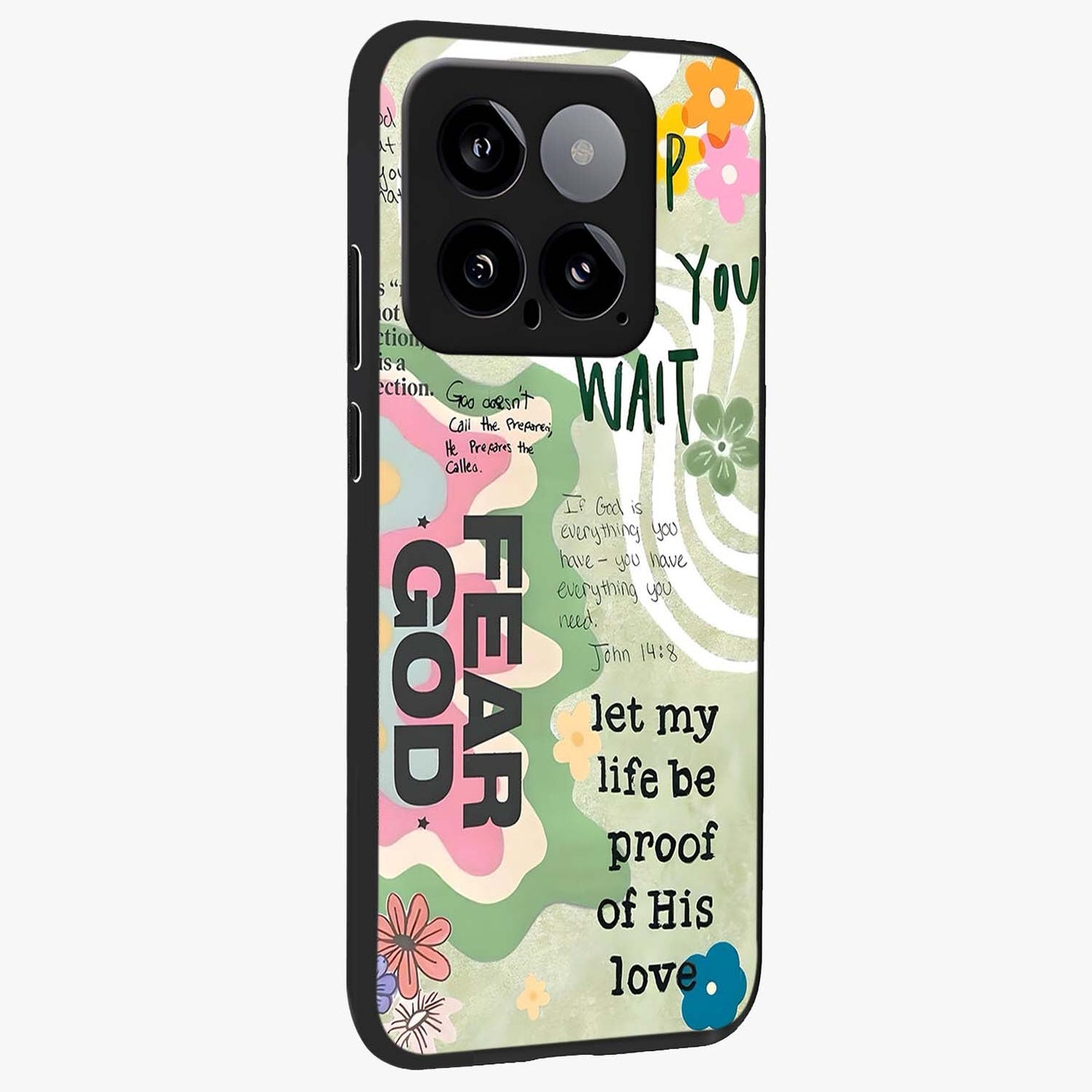 Faith Over Fear Glass Case upright view showcasing bold typography artwork with uplifting motivational theme.