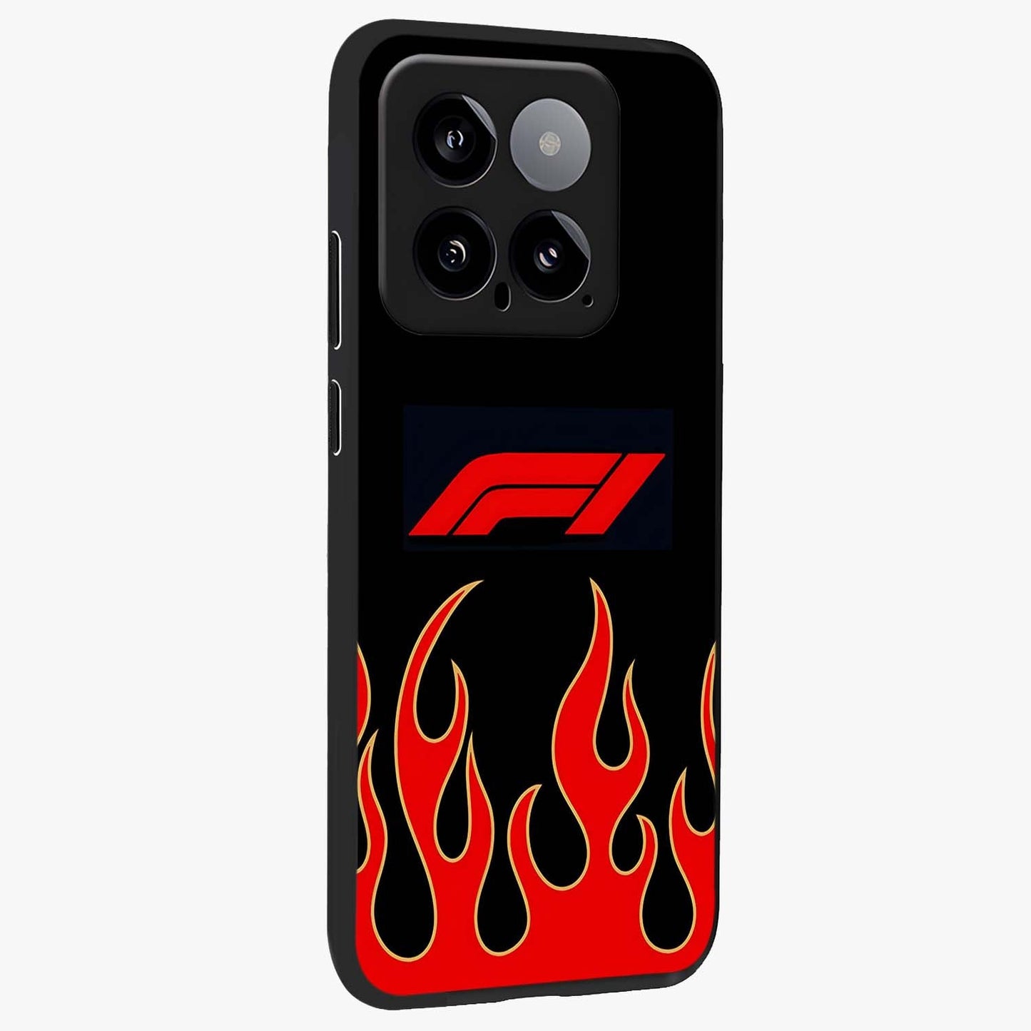 Fire F11 Glass Case upright view showcasing dynamic flame artwork with intense visual theme.