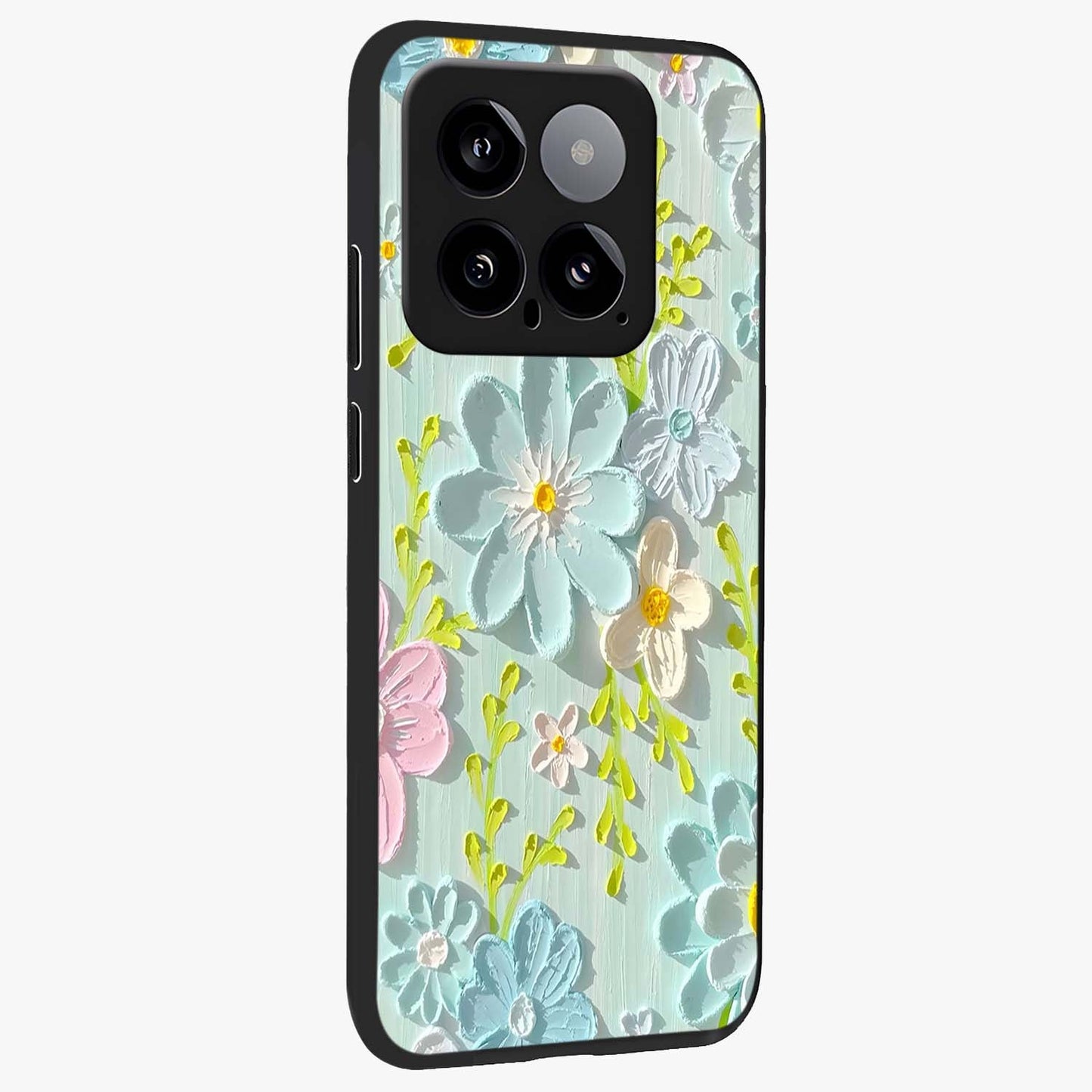 Frosted Petal Garden Glass Case upright view showcasing elegant floral garden artwork with soothing pastel theme.