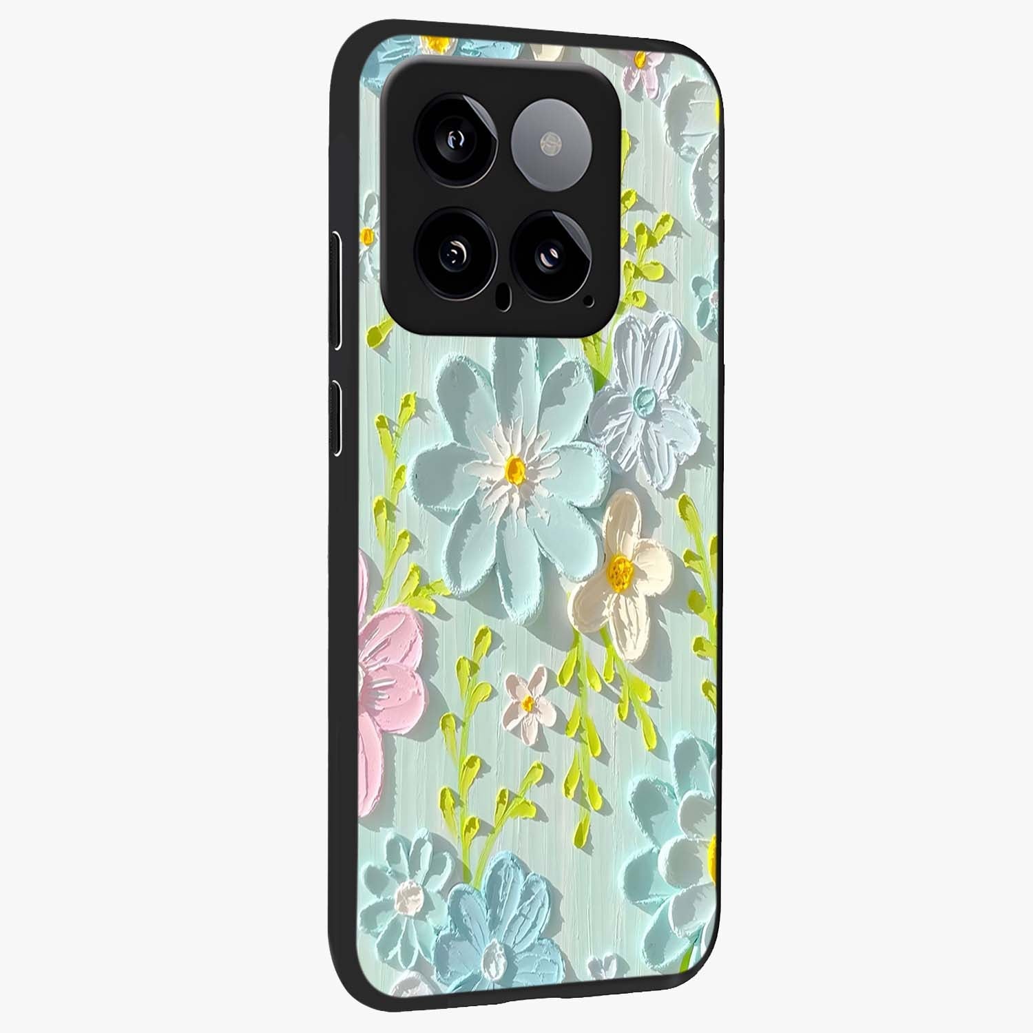 Frosted Petal Garden Glass Case upright view showcasing elegant floral garden artwork with soothing pastel theme.