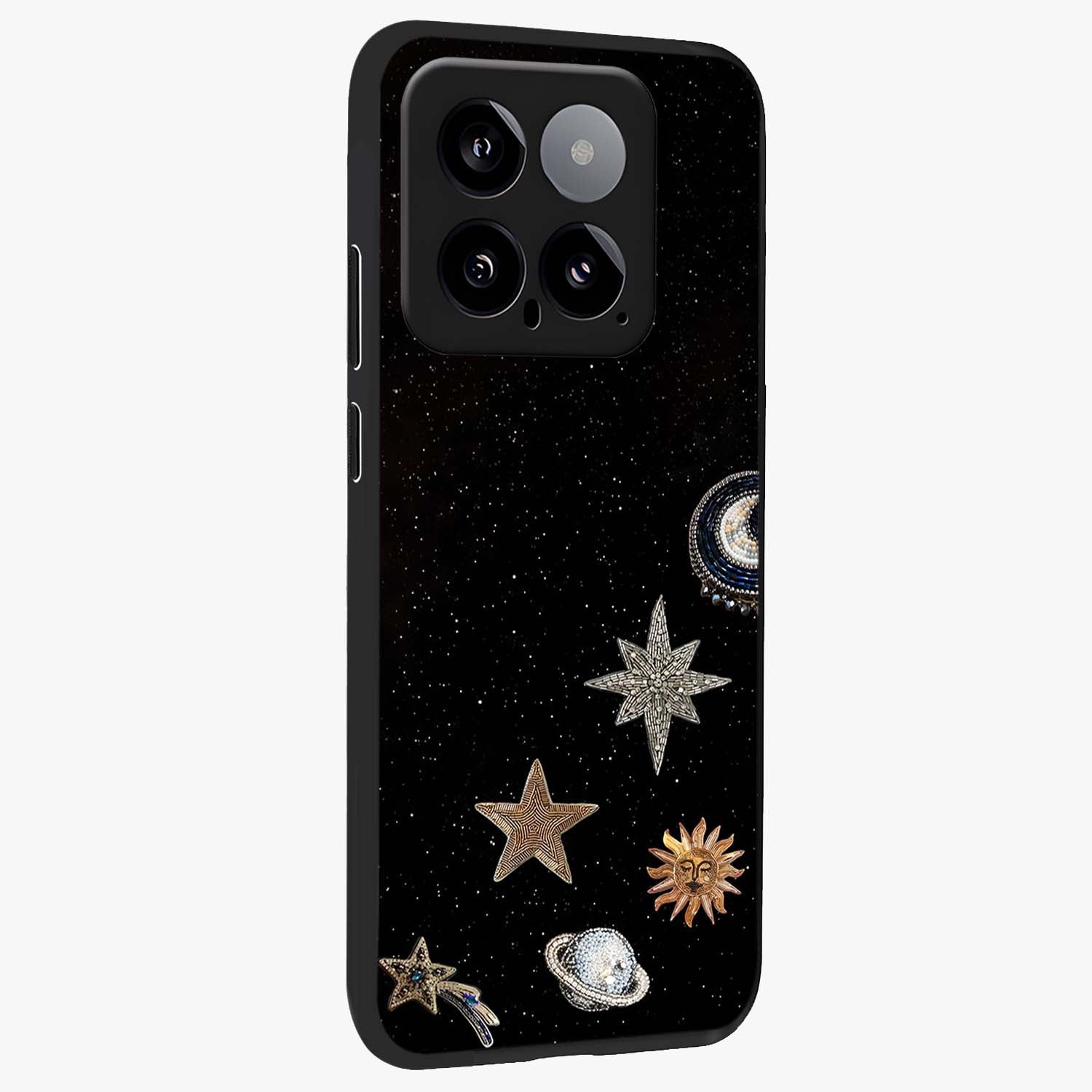 Galactic Charm Glow Glass Case upright view showcasing glowing cosmic charm artwork with magical celestial style.