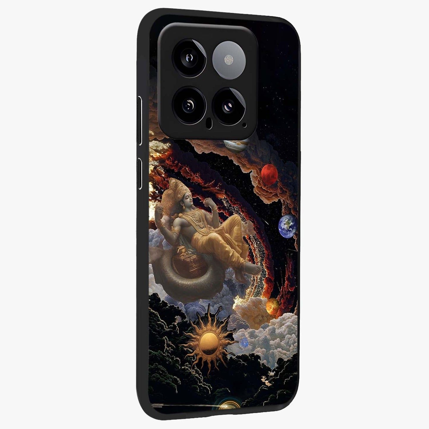 Galactic Divine God Glass Case upright view showcasing mystical divine artwork with dramatic cosmic theme.