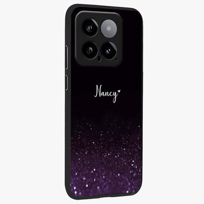 Glittery Purple Bokeh Custom Name Glass Case upright view showcasing vibrant purple sparkle artwork with personalized aesthetic style.