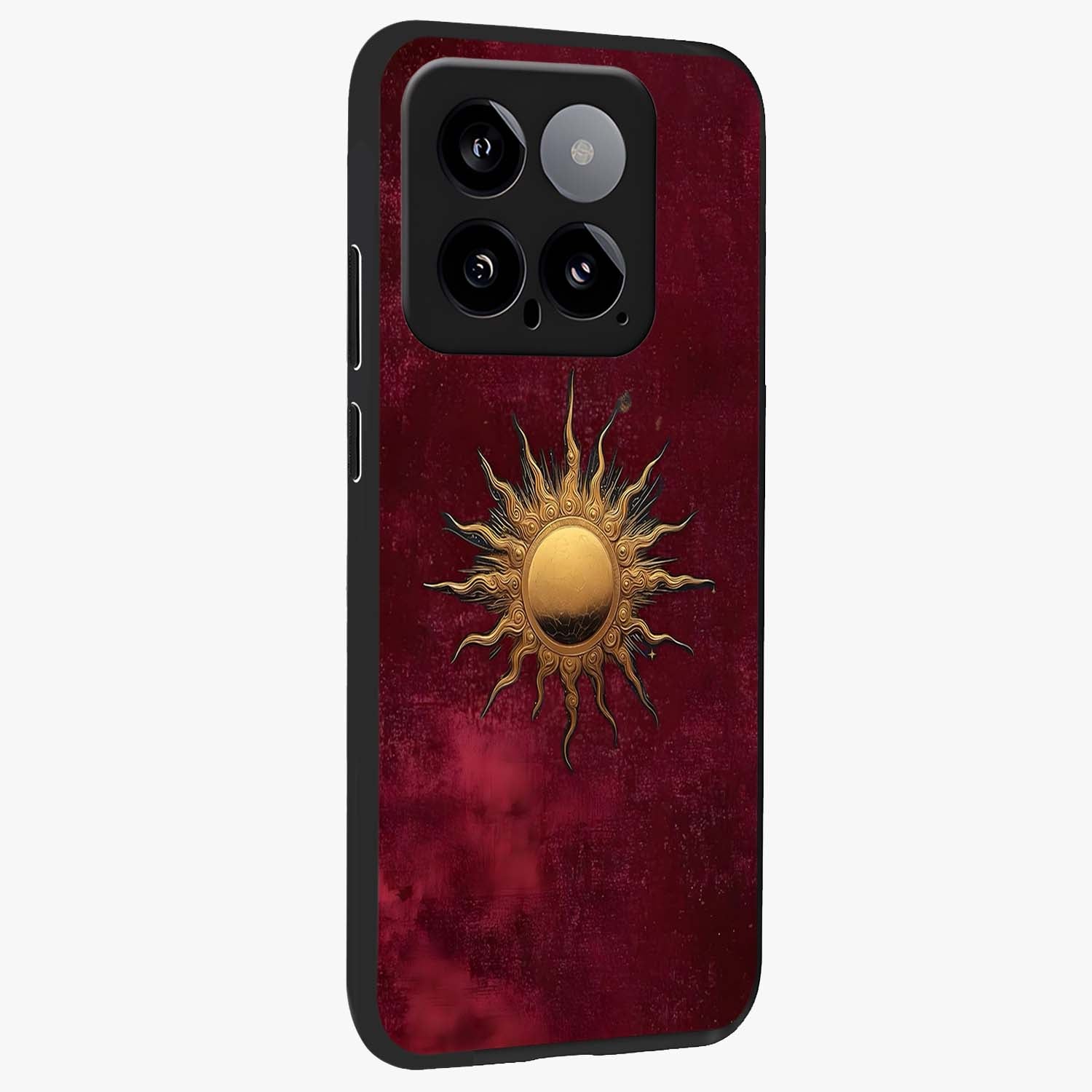 Golden Sun Minimalism Glass Case upright view showcasing simple golden sun artwork with elegant minimalist style.