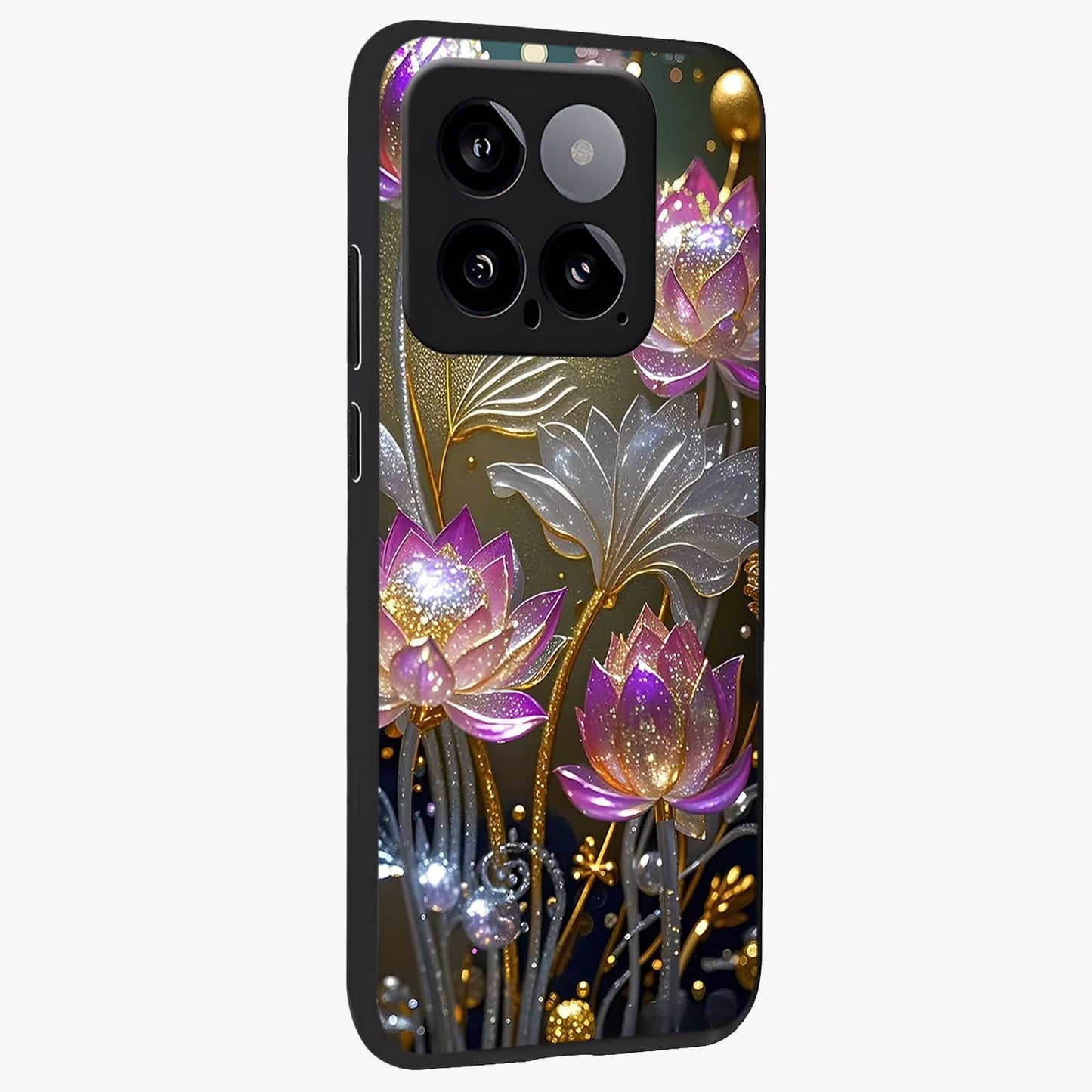 Golden Floral Majesty Glass Case upright view showcasing majestic floral artwork with rich decorative theme.