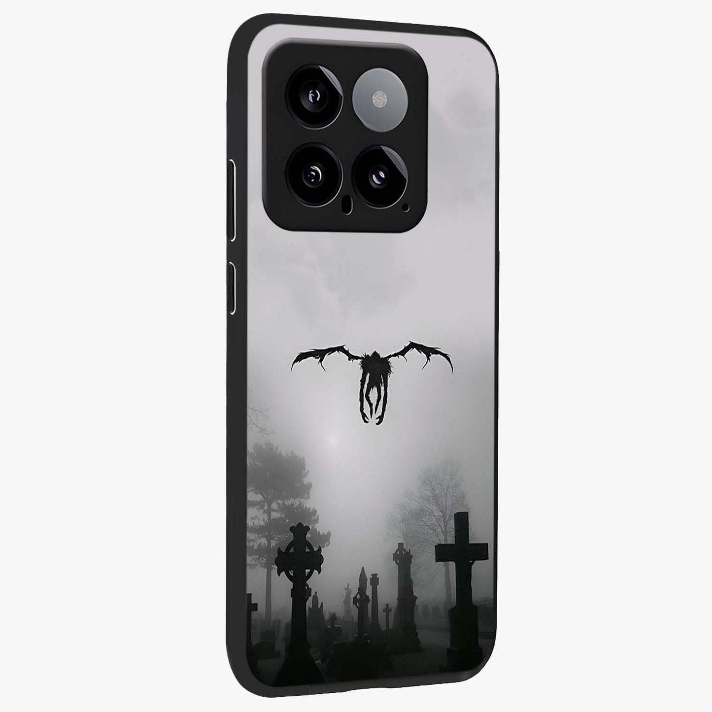 Graveyard Shadow Descent Glass Case upright view showcasing haunting graveyard artwork with dramatic dark theme.