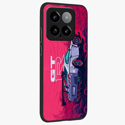 GT-R Car Pattern Glass Case upright view showcasing dynamic car pattern artwork with modern sports theme.
