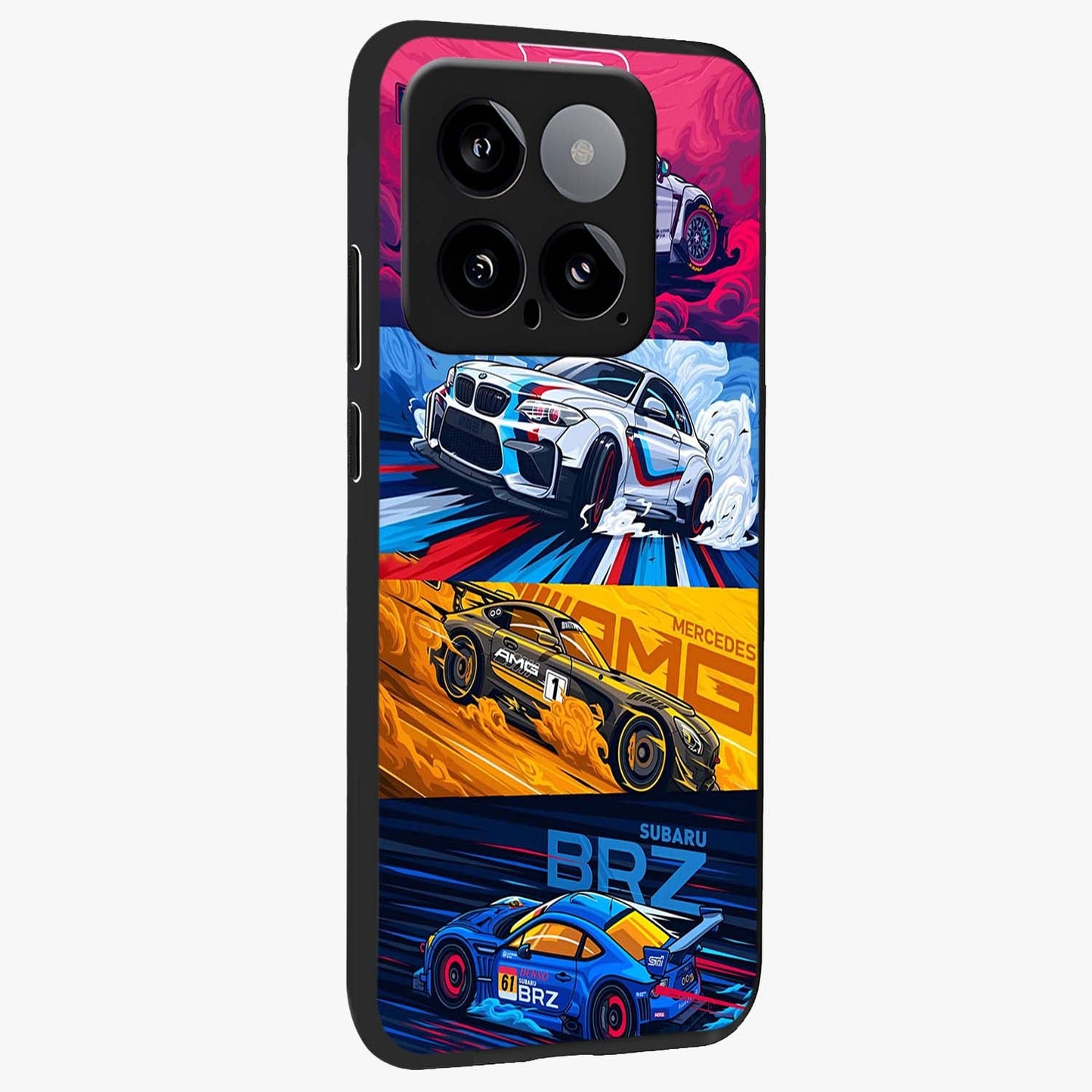 JDM Sports Car Glass Case upright view showcasing dynamic sports car artwork with bold racing theme.