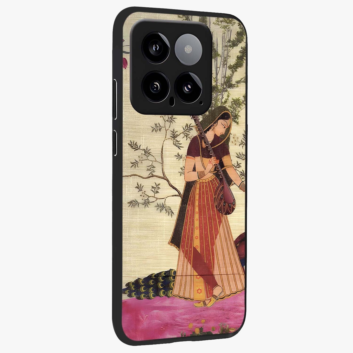 Lady With Veena Art Glass Case upright view showcasing classical veena artwork with traditional artistic theme.