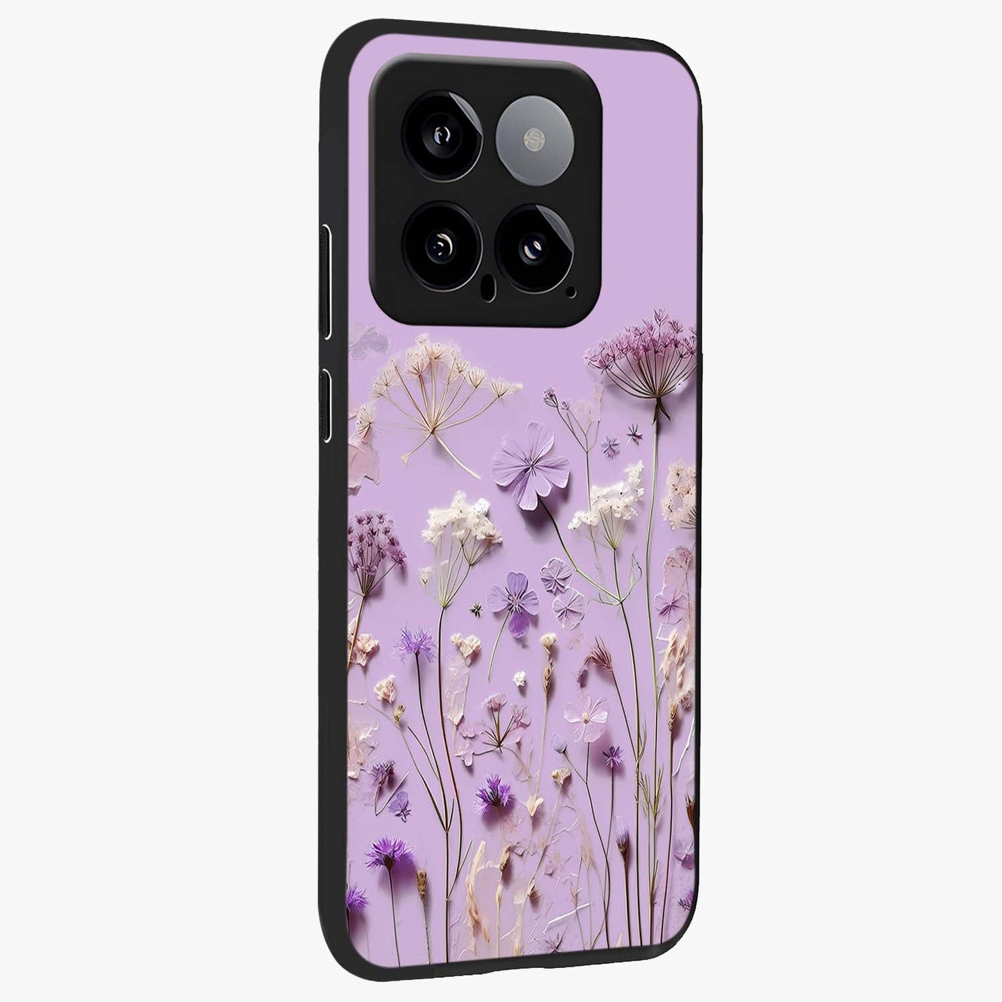 Lavender Blossom Dream Glass Case upright view showcasing delicate lavender blossom artwork with peaceful floral theme.
