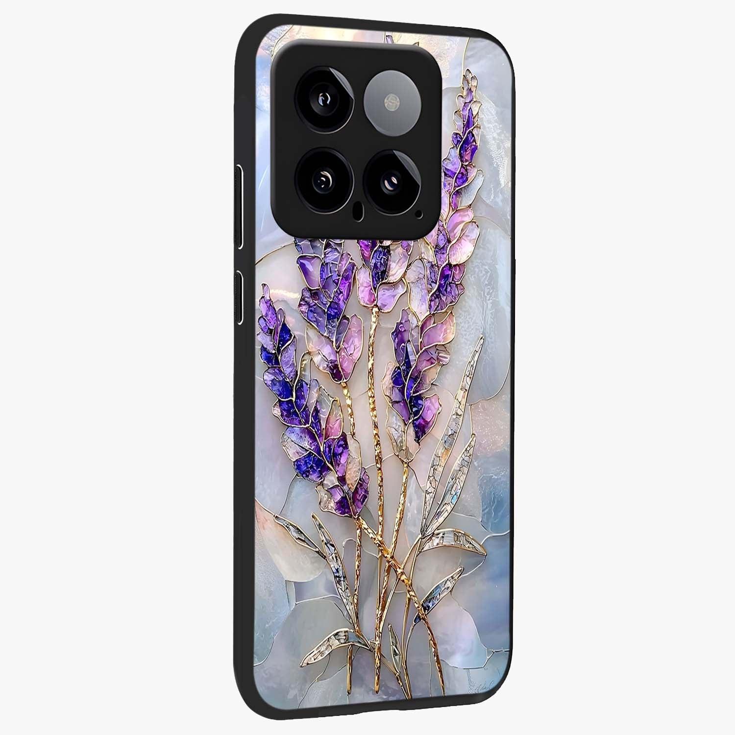 Lavender Dream Glow Glass Case upright view showcasing radiant lavender glow artwork with calming dreamy theme.