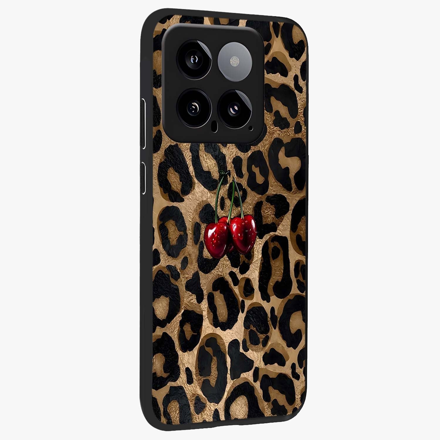 Leopard Wild Cherry Glass Case upright view showcasing stylish leopard pattern artwork with trendy fashion theme.