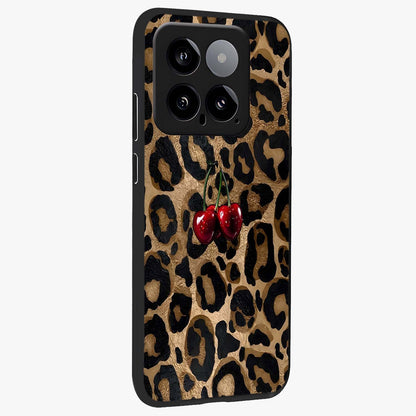 Leopard Wild Cherry Glass Case upright view showcasing stylish leopard pattern artwork with trendy fashion theme.
