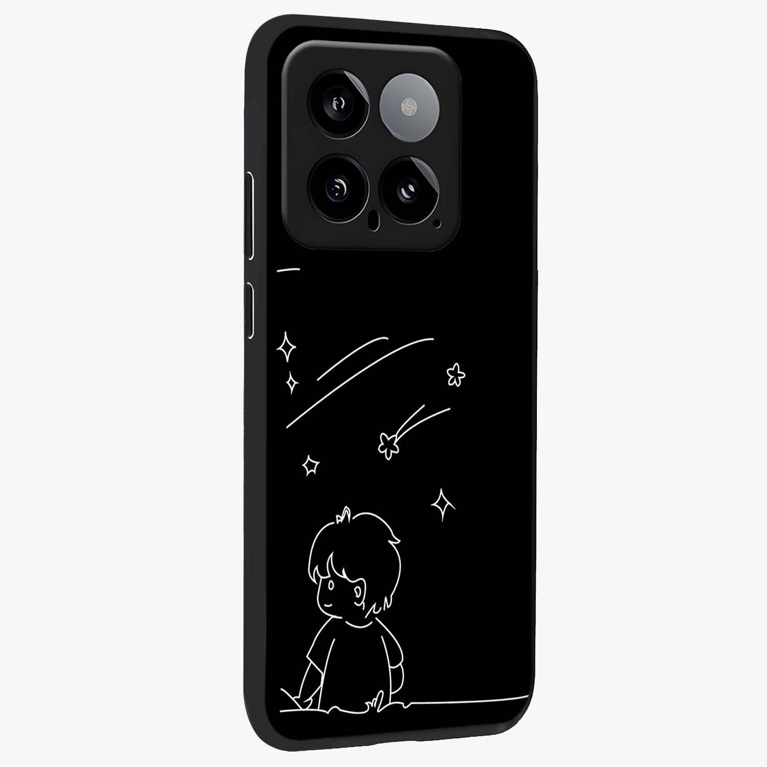 Line Art Boy With Shooting Stars Glass Case upright view showcasing artistic shooting star illustration with minimal style.