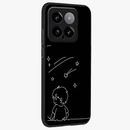 Line Art Boy With Shooting Stars Glass Case upright view showcasing artistic shooting star illustration with minimal style.