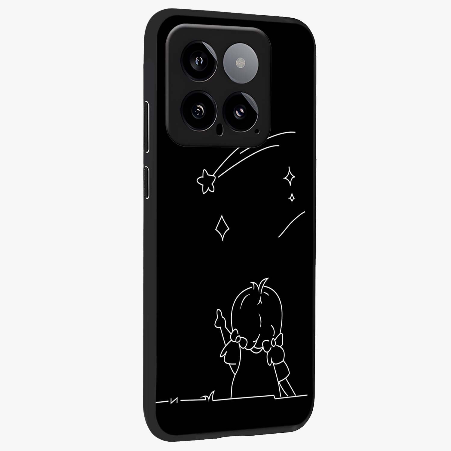 Line Art Girl With Shooting Stars Glass Case upright view showcasing delicate shooting stars artwork with minimal artistic theme.