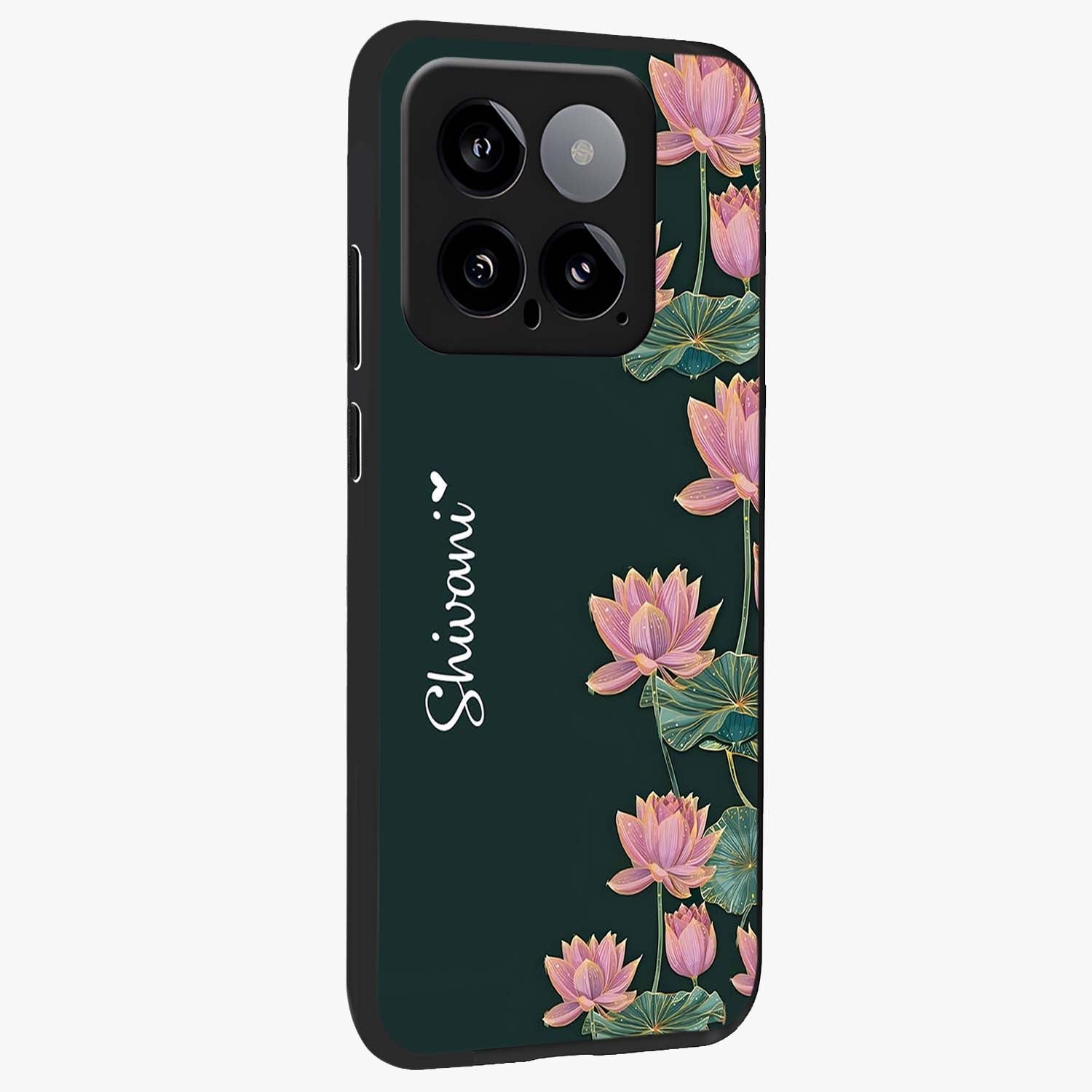 Lotus Bloom Serenity Custom Name Glass Case upright view showcasing serene lotus bloom artwork with personalized floral aesthetic.