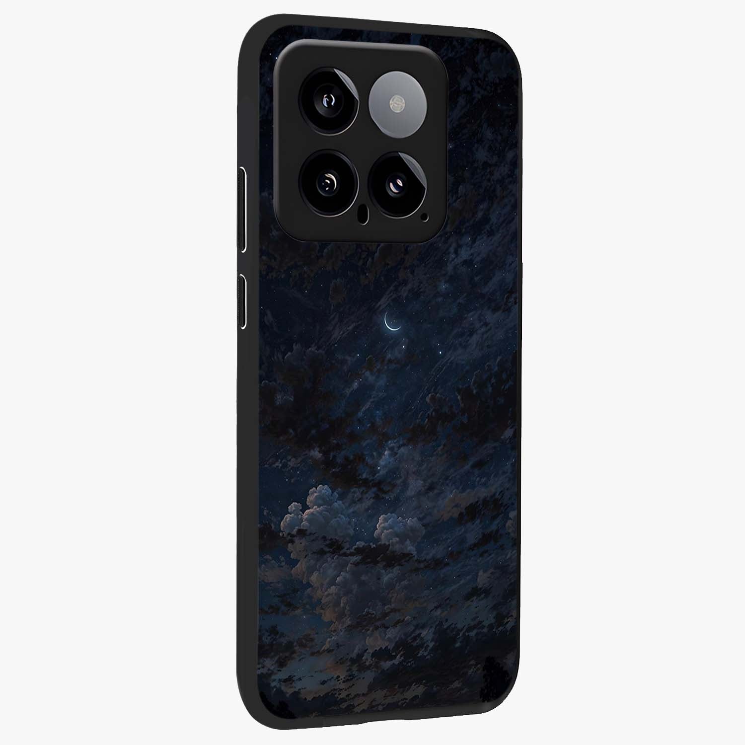 Lunar Veil Silence Glass Case upright view showcasing calm moon themed artwork with serene night atmosphere.