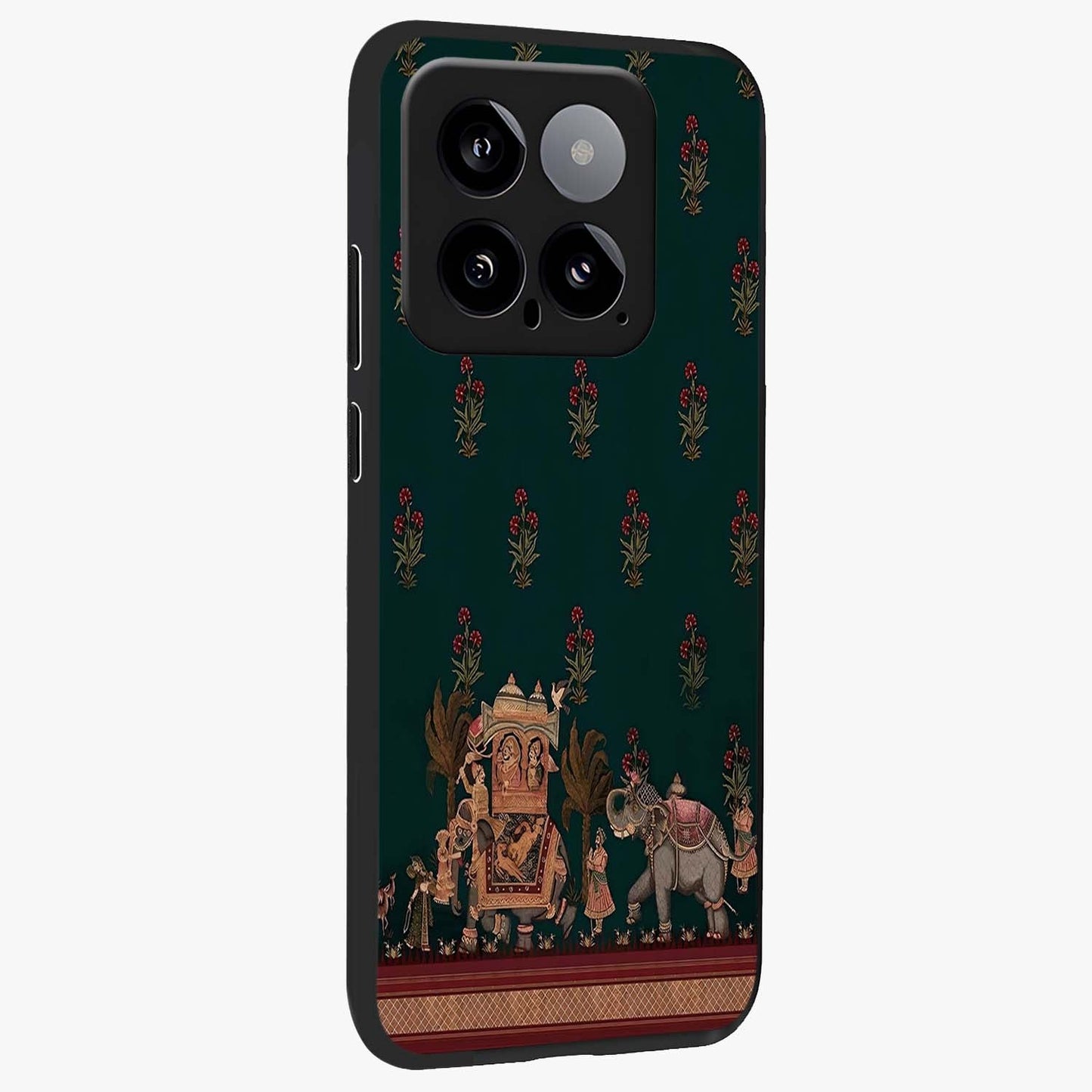 Macmerise Glass Case upright view showcasing bold artistic artwork with contemporary design theme.
