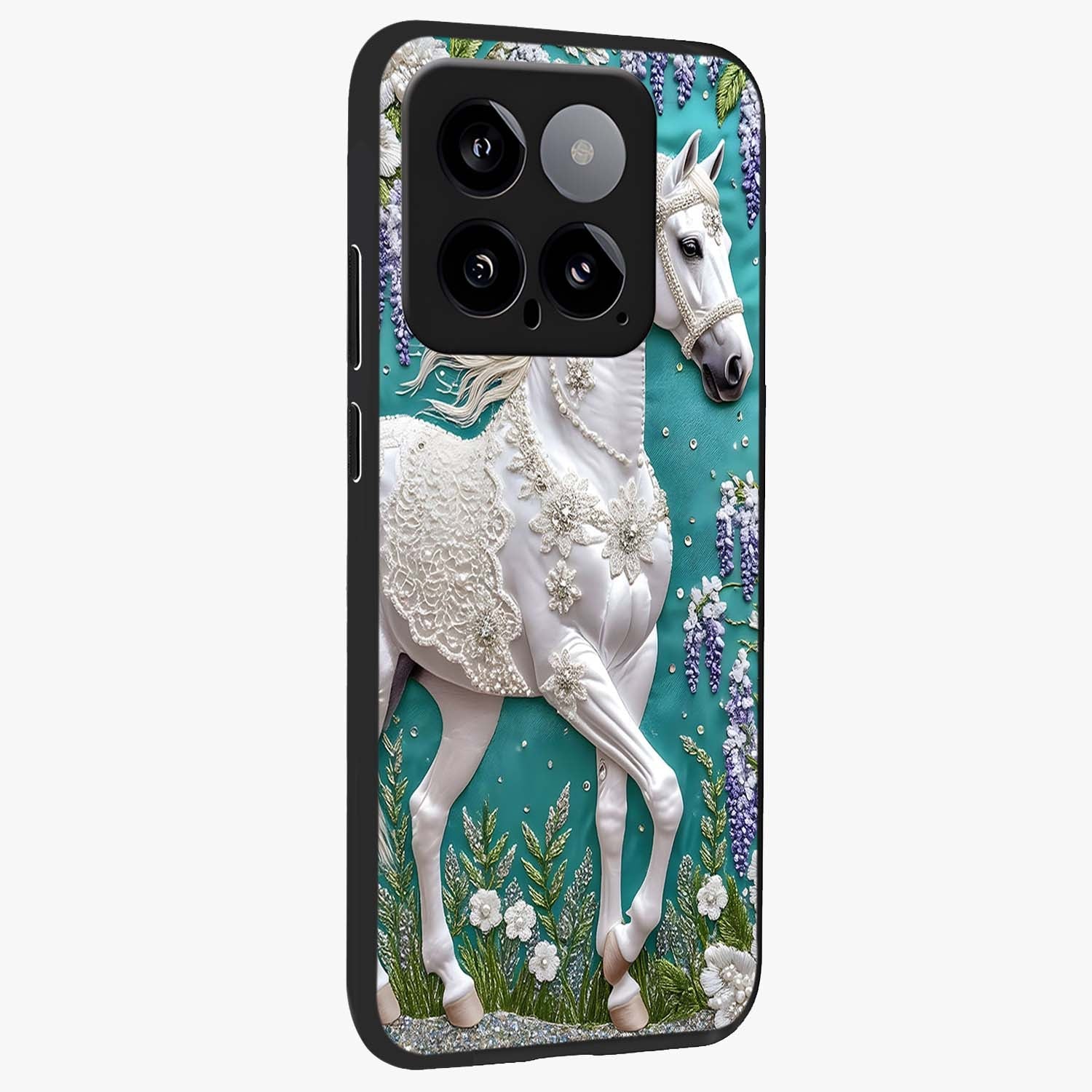 Majestic Floral Stallion Glass Case upright view showcasing dramatic horse artwork with decorative floral theme.