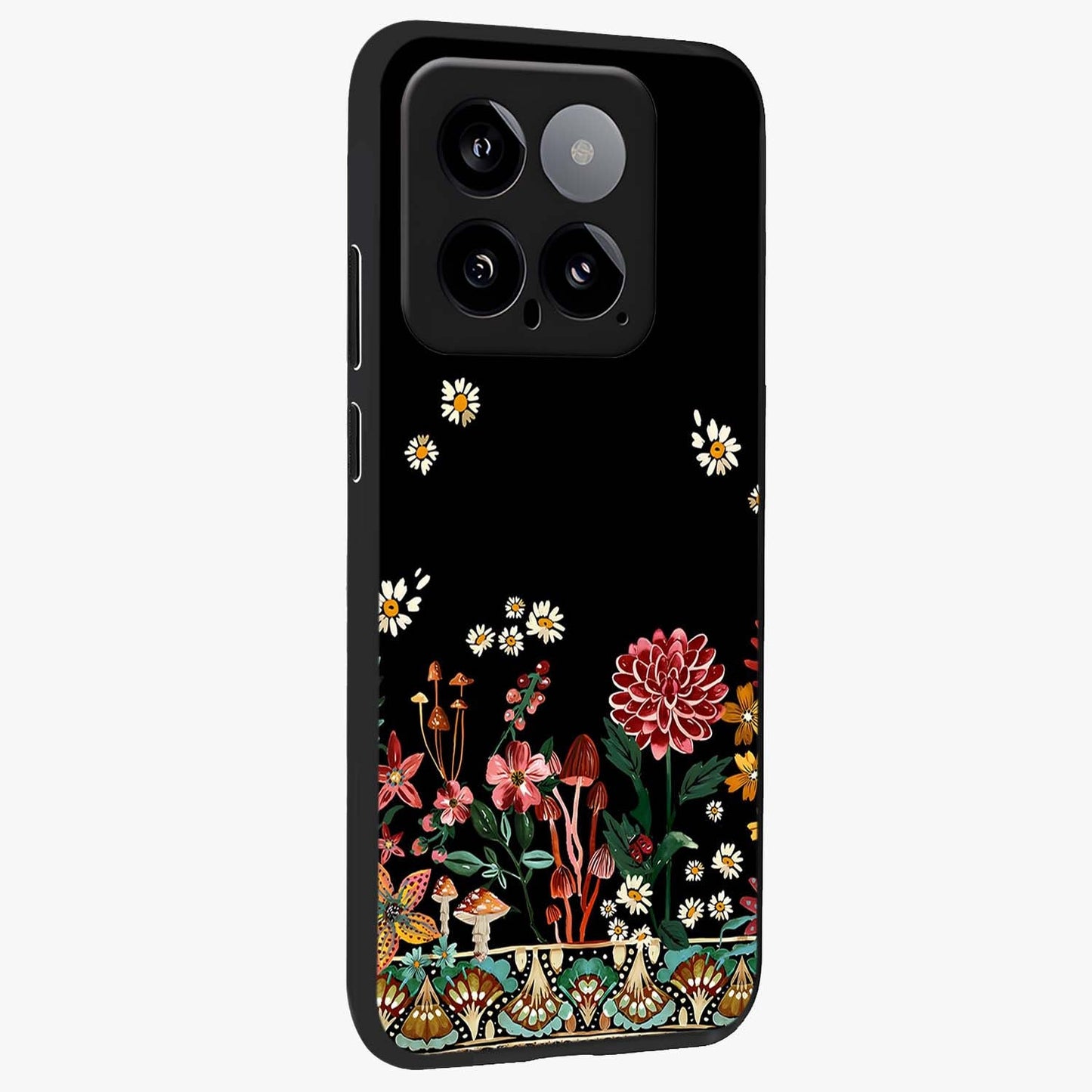 Midnight Bloom Pattern Glass Case upright view showcasing decorative floral artwork with deep night themed palette.