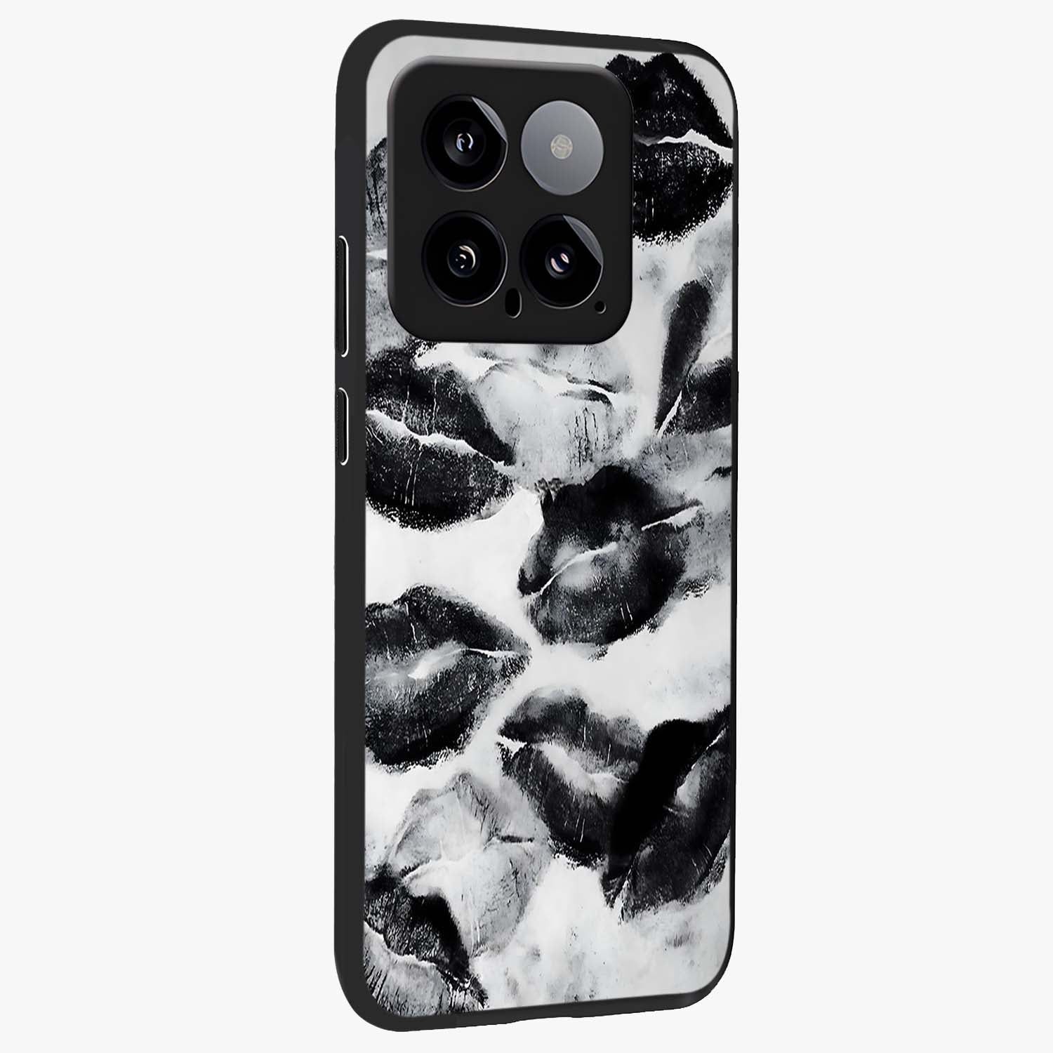 Midnight Kiss Marks Glass Case upright view showcasing stylish kiss mark artwork with trendy romantic theme.